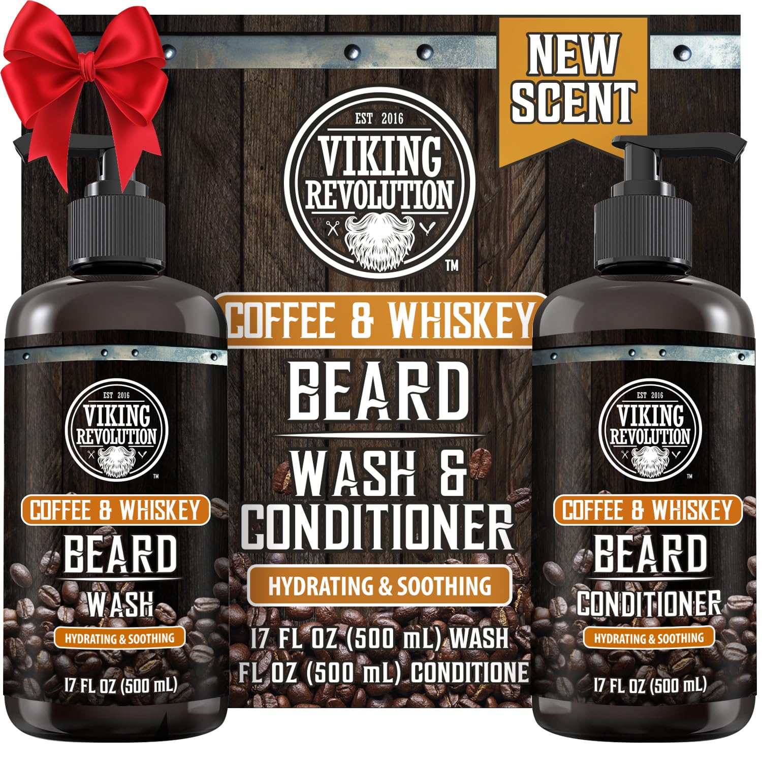 Viking Revolution Coffee Whiskey Beard Wash and Beard Conditioner Set with Argan and Jojoba Oils – Softens and Strengthens – Coffee Whiskey Scent – Beard Shampoo with Ginseng Root Extract (17 oz)