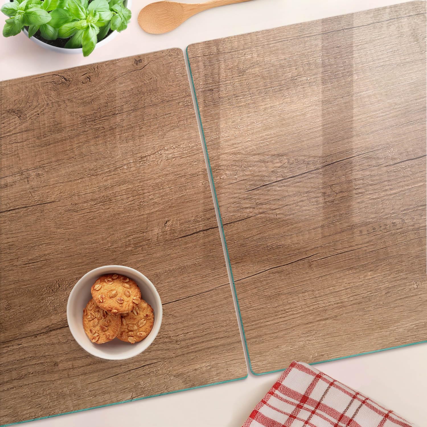 Schneidbrett Glas 2x40x52 cm Hitzebeständig Gehärtetes Glas Rutschfest Silikonfüße Plastikfrei Lebensmittelecht 2 Stück Glasplatte Antibakteriell Dekorativ für die Küche - Holz