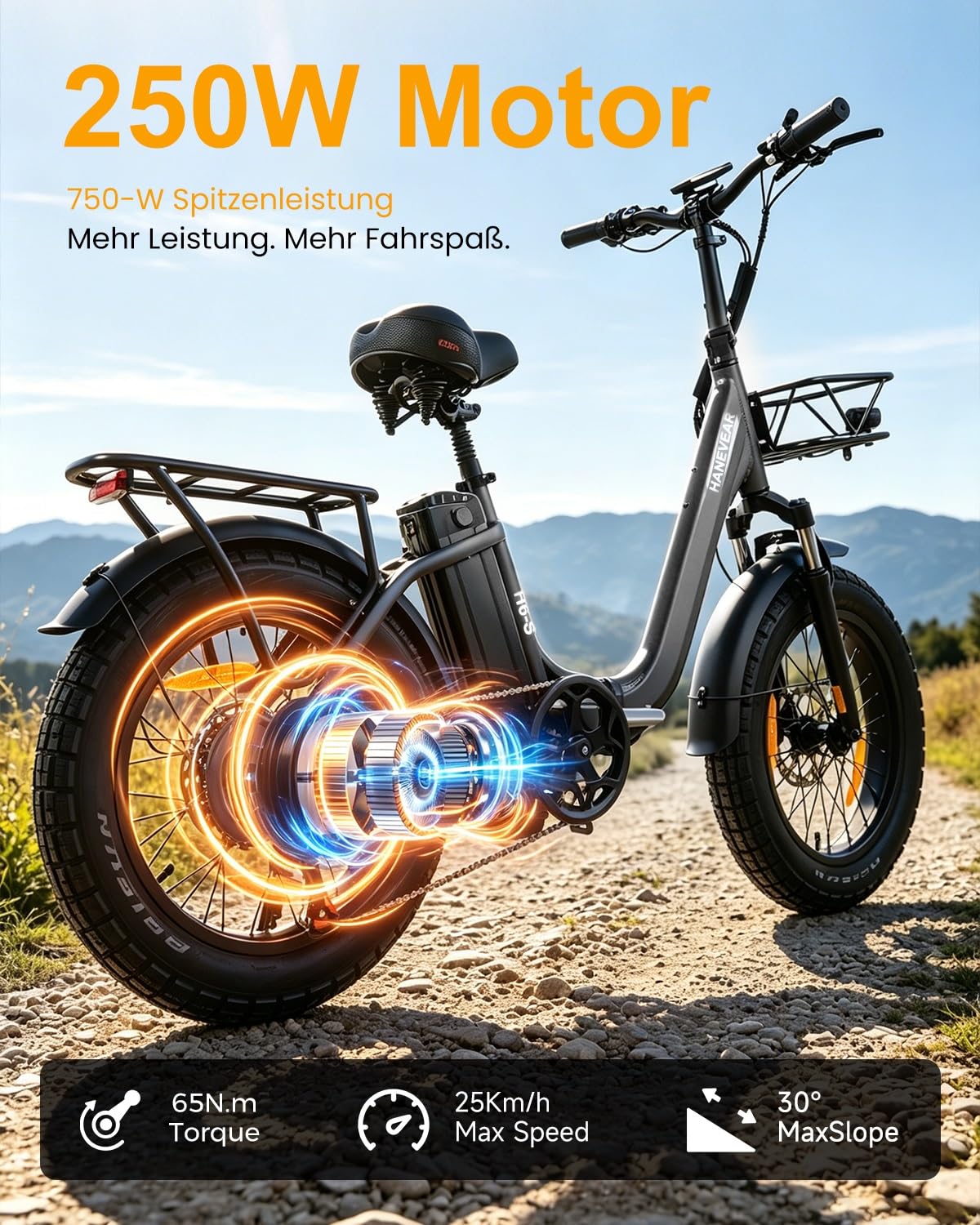 HANEVEAR Elektrofahrrad E Bike Klapprad mit 24Ah/48V Lithium-Akku | bis zu 140km, Fatbike Ebike mit Hydraulische Bremse, 250W 65Nm Heckmotor, Elektrofahrrad für Erwachsene