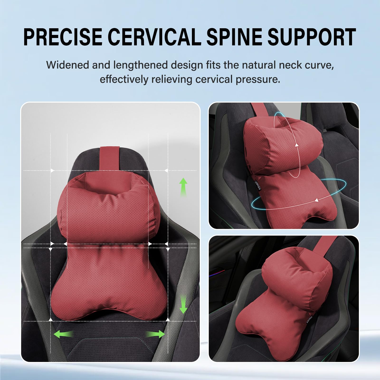 Dwuwarstwowa poduszka na głowę samochodową, z pianką z pamięcią kształtu, podparcie karku z oddychającym zamszowym pokrowcem, ergonomiczna poduszka na kark, regulowane paski, pokrowiec