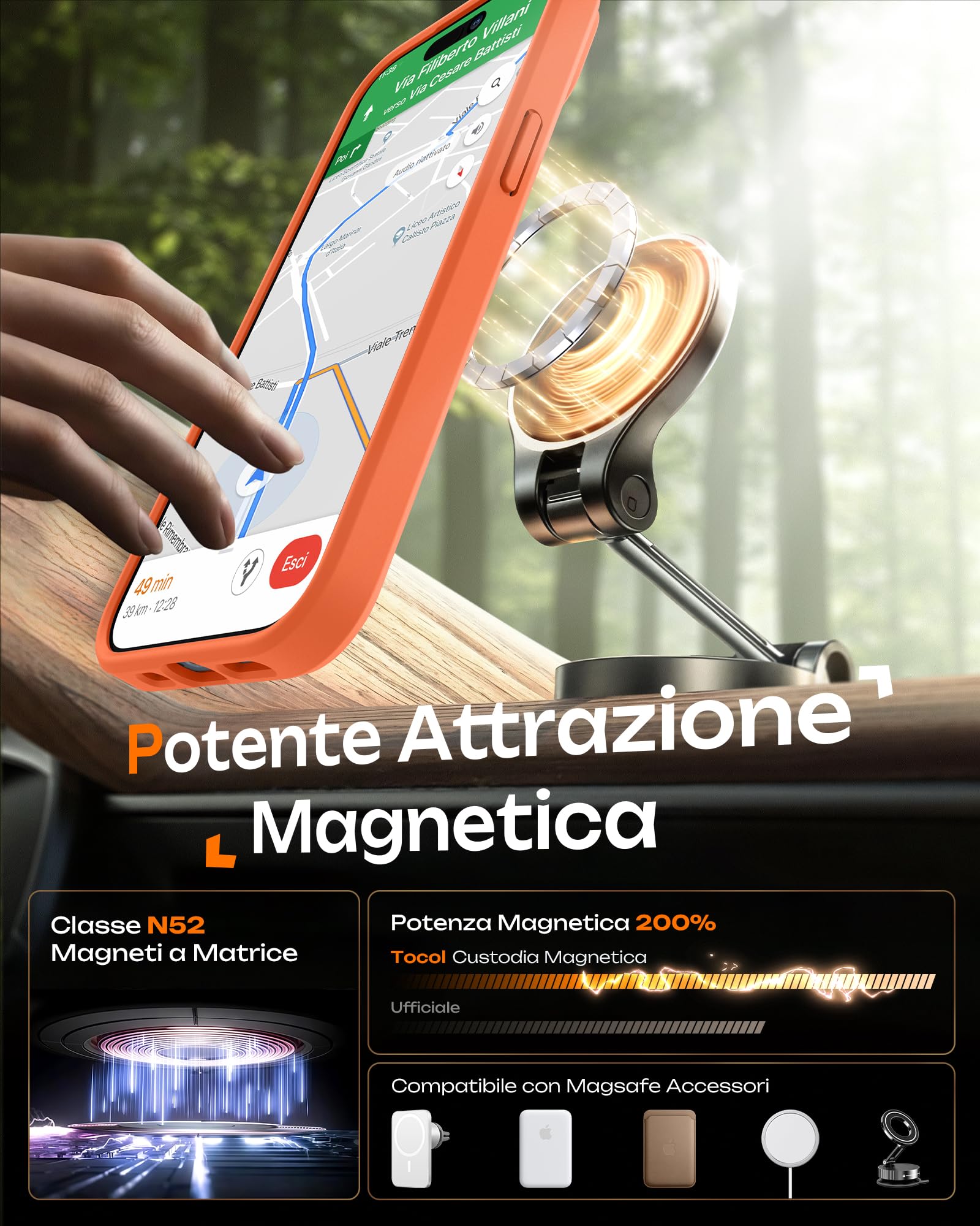 TOCOL Cover Magnetica per iPhone 15 6,1 Pollic, Compatibile con MagSafe, Protezione Fotocamera Integrata, Custodia Antiurto Traslucida Opaca, Arancione