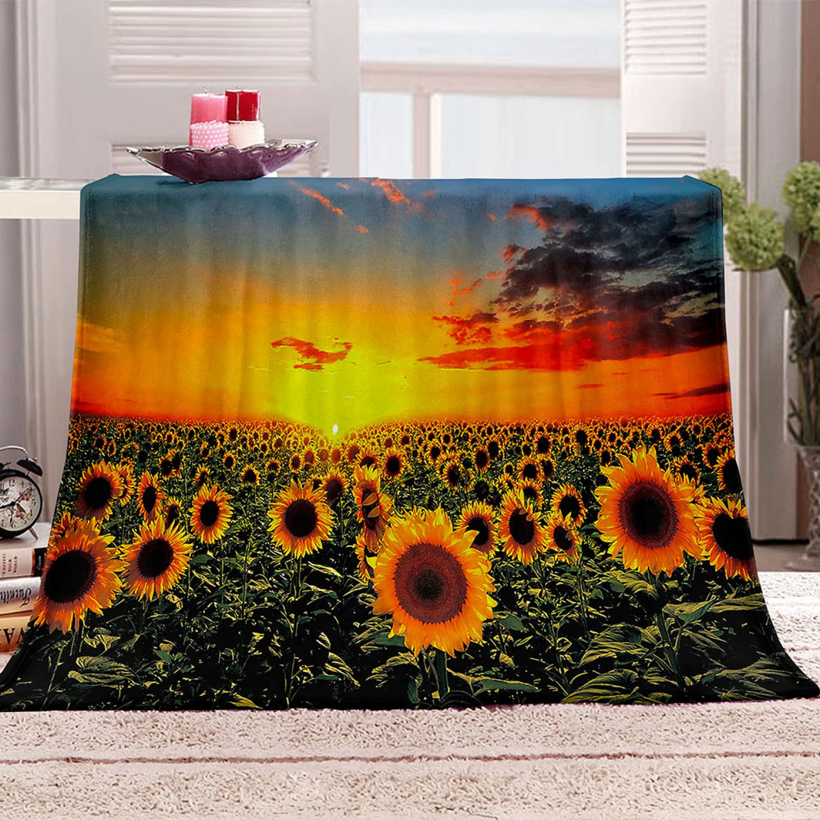 Couverture en flanelle 140x200cm tournesol 3D douce et chaude pour canapé