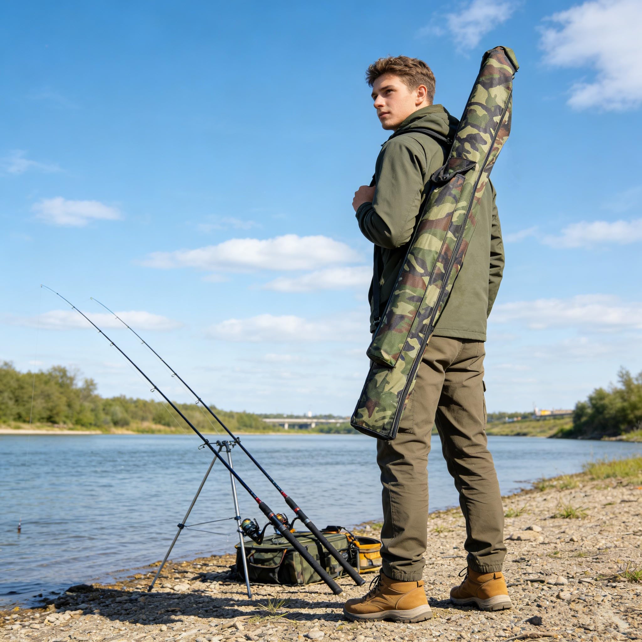 Bolsas para Aparejos de Pesca 146cm con cinturón de Hombro Bolsas de Pesca con Cremallera Lateral Impermeable Espesado Camuflaje Caña de Pescar y Equipo de Pesca de Bolsa de Almacenamiento
