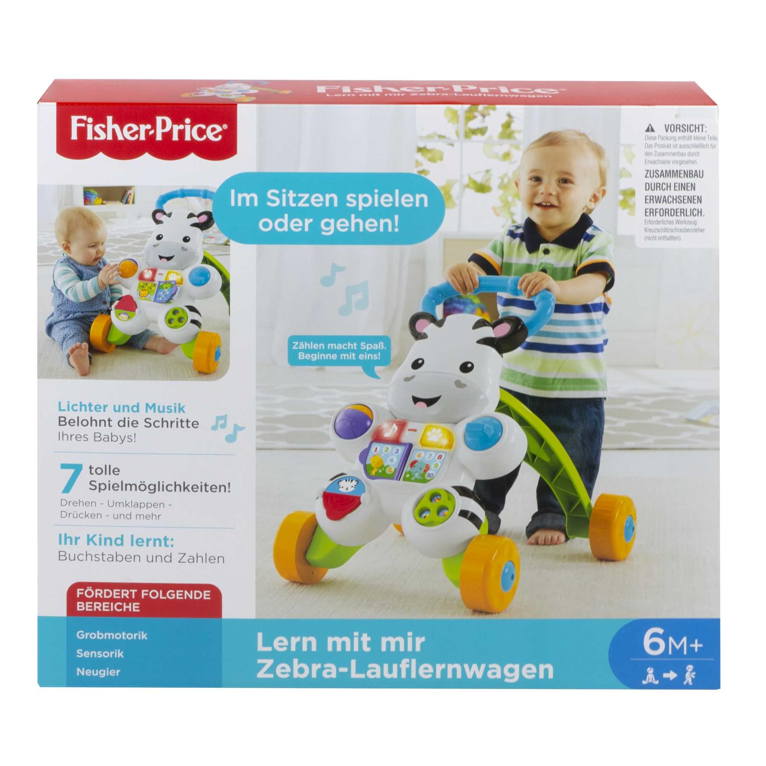 Fisher-Price Lern mit mir - Zebra Lauflernwagen, musikalisches Aktivitäts- und Gehspielzeug mit Lerninhalten, ab 6 Monaten, Deutsche Version, Reduzierte Verpackung, HBW56