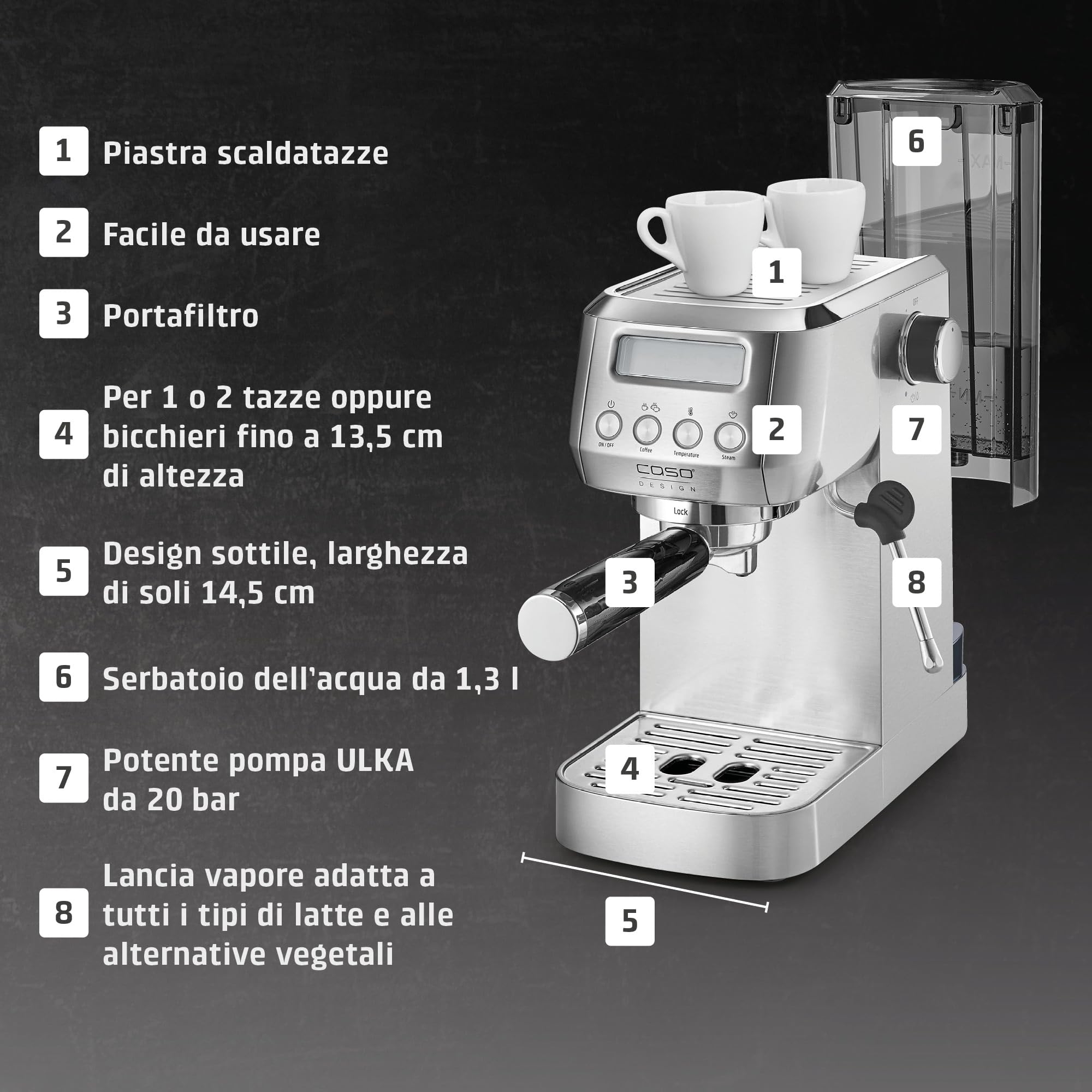 CASO Espresso Gourmet Crema - Macchina per il trasporto del colino con montalatte, espresso, cappuccino, portafiltro in acciaio inox, pompa ULKA, macchina da caffè in polvere, ESE Pads