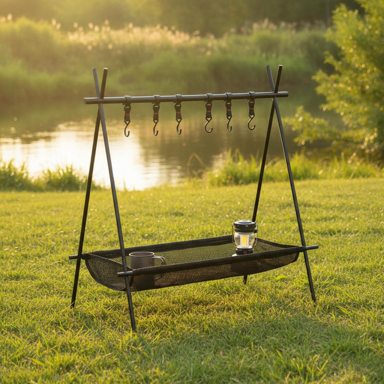 Gralara Estante Plegable con Ganchos Ligero Organizador Plegable con Cesta Compacto Estante Cesta Malla para Pescadores, Camping, Cocina Al Libre