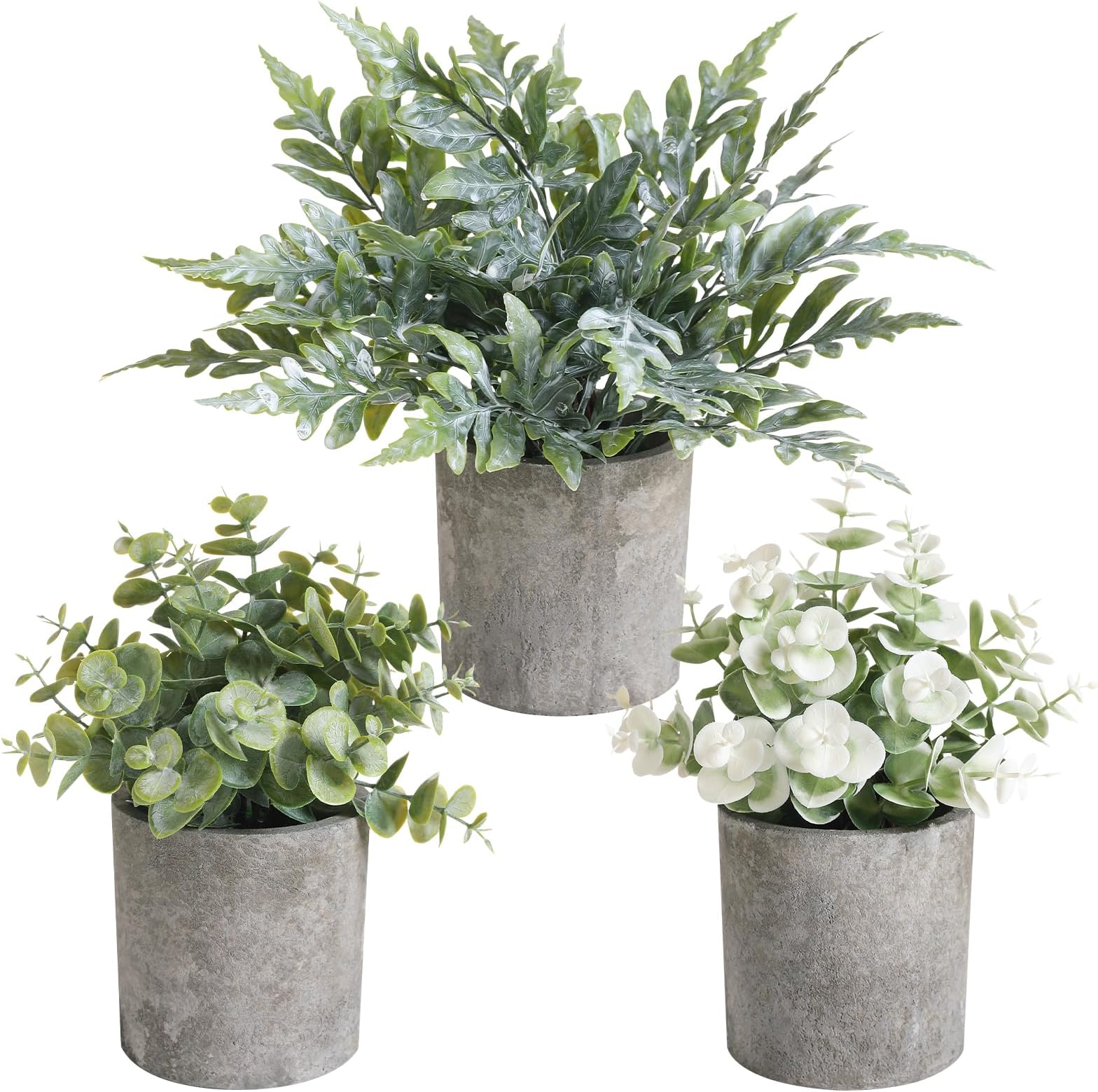 3 Pack Mini Potted Fake Plants Artificial Plastic Indoor Eucalyptus Plants for Home, Office, Desk, Bathroom, Coffee Table & Shelf (Green)
