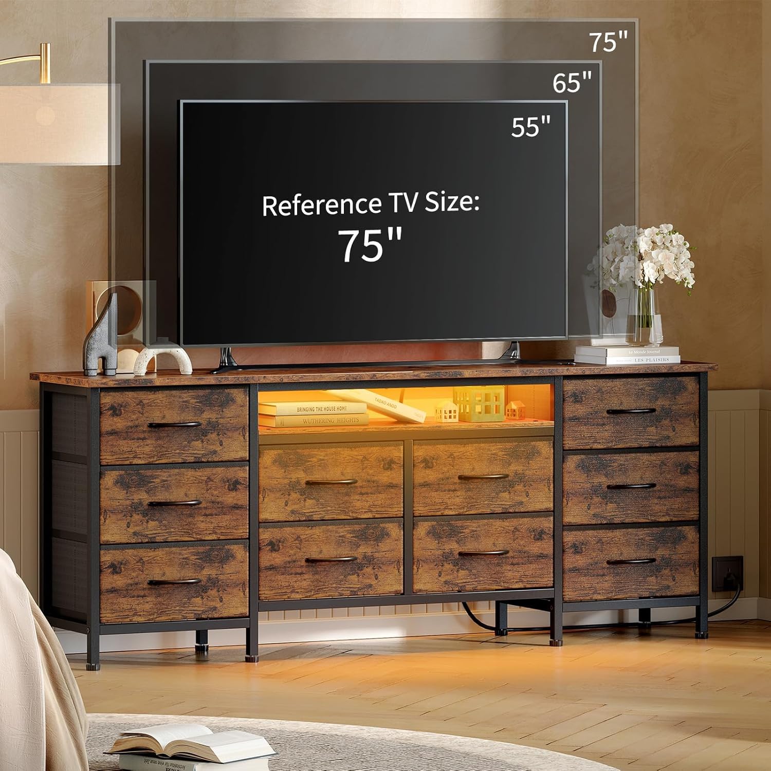 CABIHOME 63 Inch 10-Drawer Dresser with LED Lights & Power Outlets, Wide Fabric Dresser for Bedroom, Long Storage Chest & TV Stand for Living Room, Holds TVs Up to 75", Brown