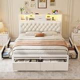 BTHFST Queen Size Bed Frame with 6 Storage Drawers and Headboard, Velvet Upholstered Queen Platform Bed with LED Lights & Charging Station, No Noise, No Box Spring Needed, Easy Assembly, Beige