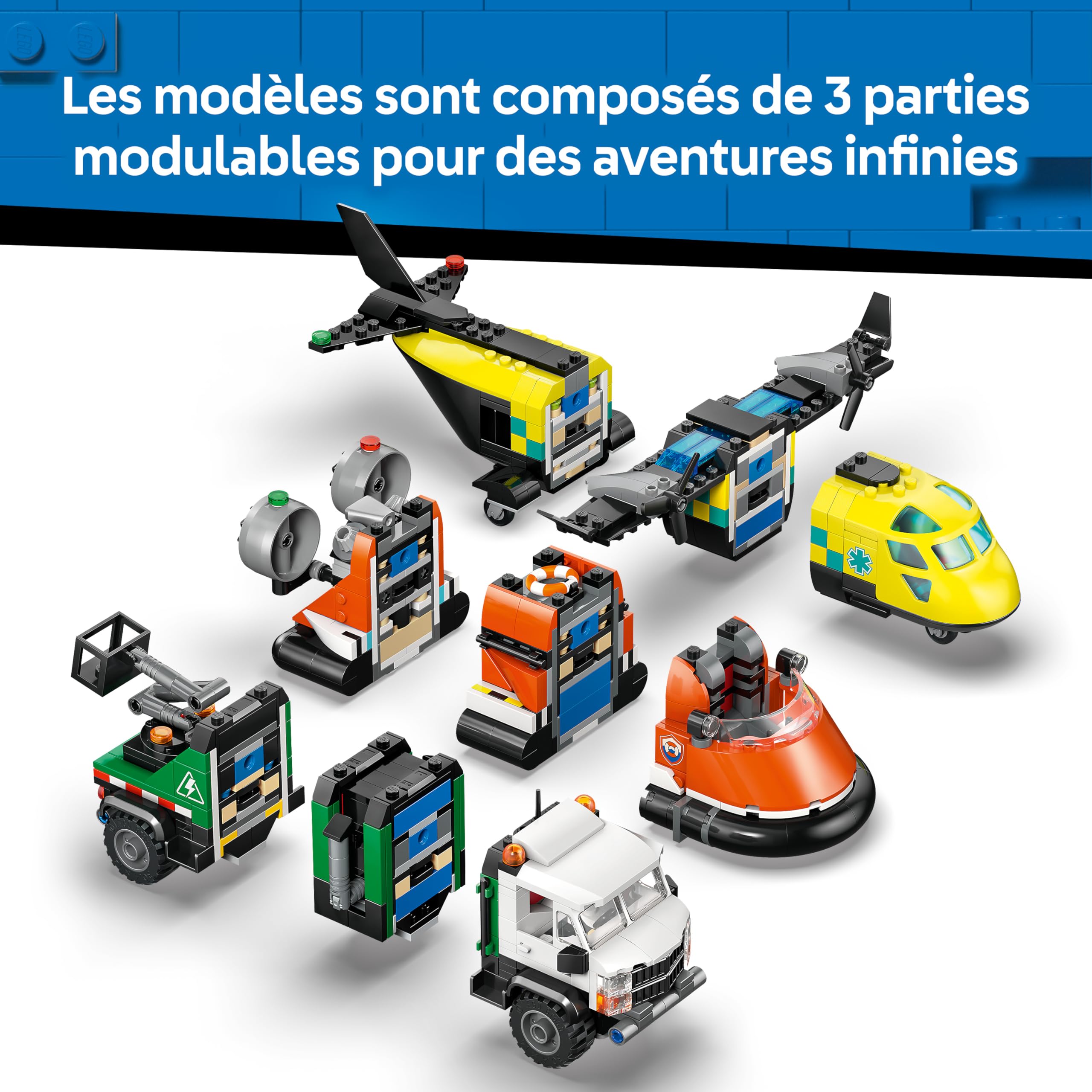 LEGO City 3-en-1 Avion, Camion d’Assistance et Aéroglisseur Modulable - Jeu de Construction - Maquettes de Véhicules de Secours à Combiner - 3 Minifigurines - Idée Cadeau STEM pour Garçon 7 Ans 60505