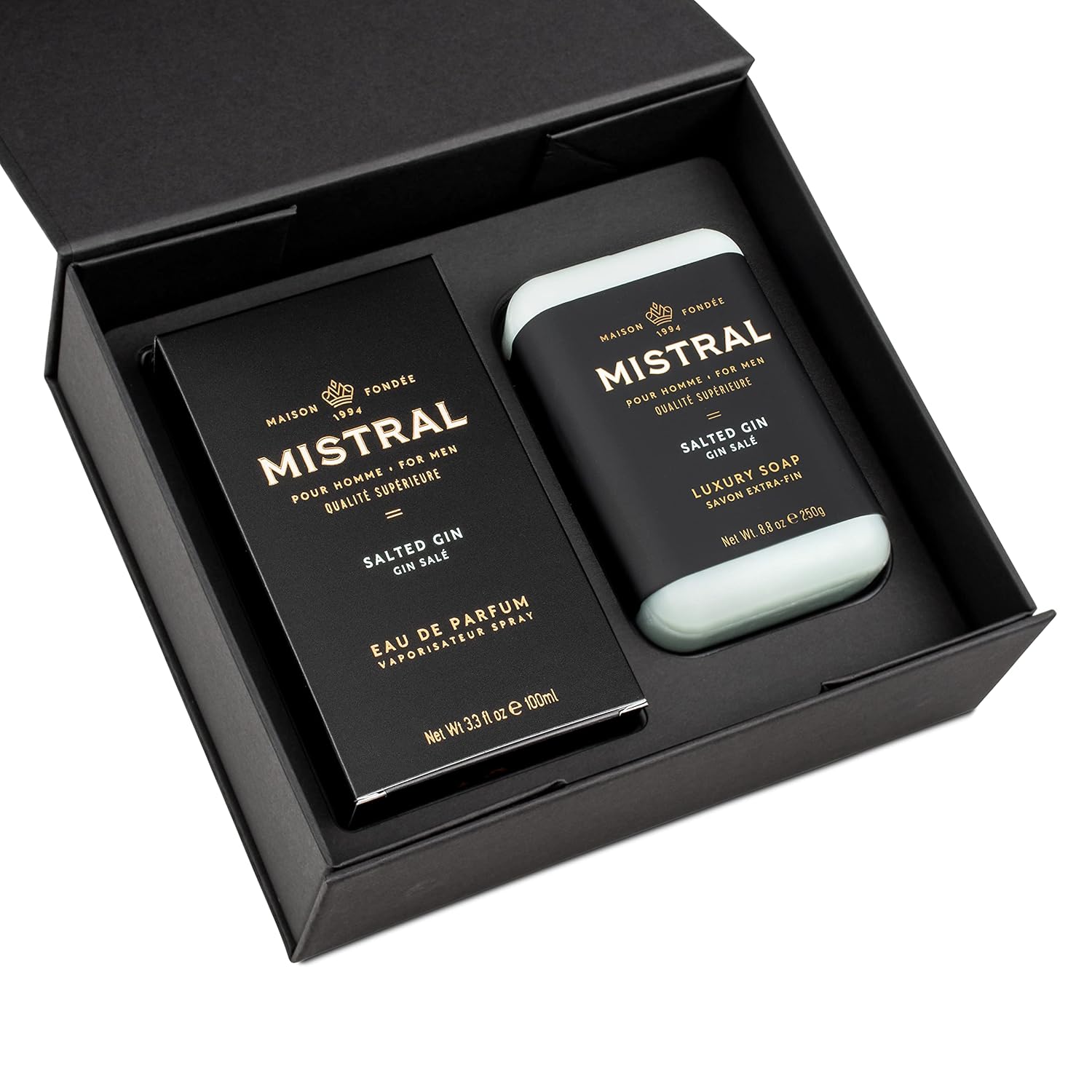 Mistral Salted Gin Men's Gift Set | Eau de Parfum 3.3oz Cologne Spray & 8.8oz Triple Milled Soap | Citrus, Teak Wood, Amber & Vanilla Scent | Premium Men's Grooming Gift Set - Made in France