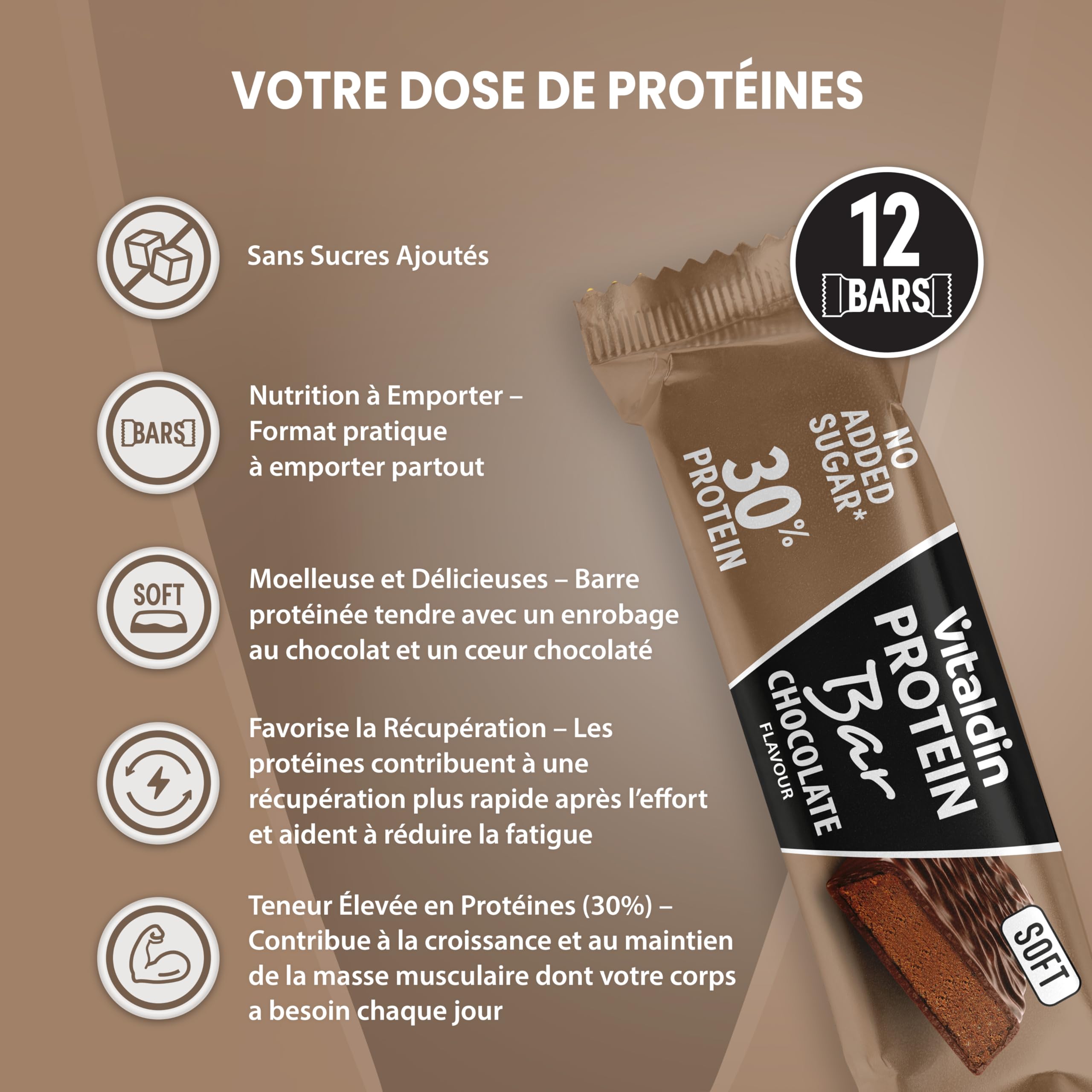 VITALDIN Barre Protéinée Chocolat – 30% Protéines avec Collagène Hydrolysé – Faible en Glucides & Calories – Sans Sucres Ajoutés – 0,2 g de Sucre – Snack Sain – Pré & Post Entraînement – 12 barres
