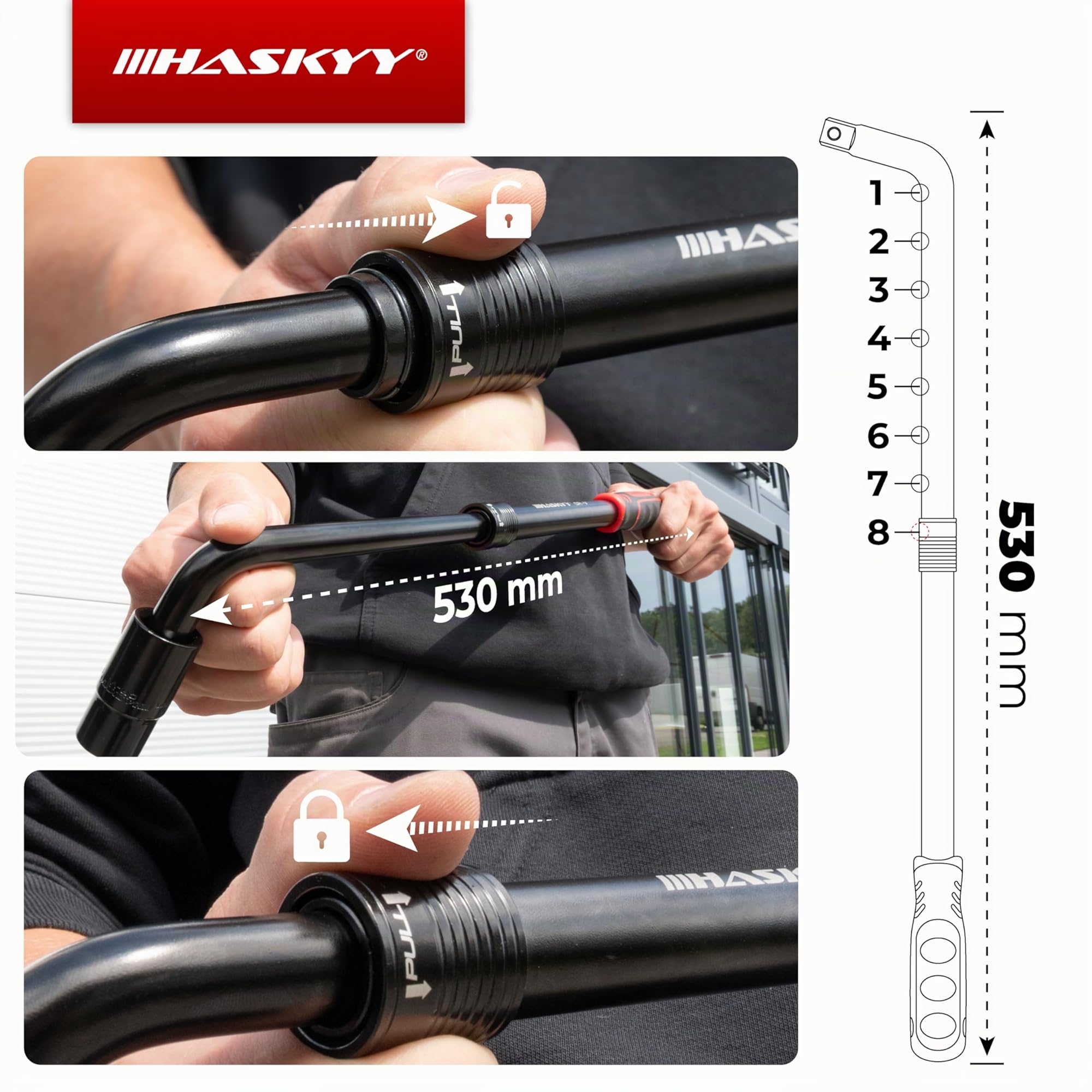 HASKYY Set di chiavi telescopiche per dadi delle ruote 355-530mm Estensibile 1/2 Pollici Attacco 17/19mm & 21/23mm, Chiave per pneumatici, Utensile per pneumatici con sacchetto di conservazione