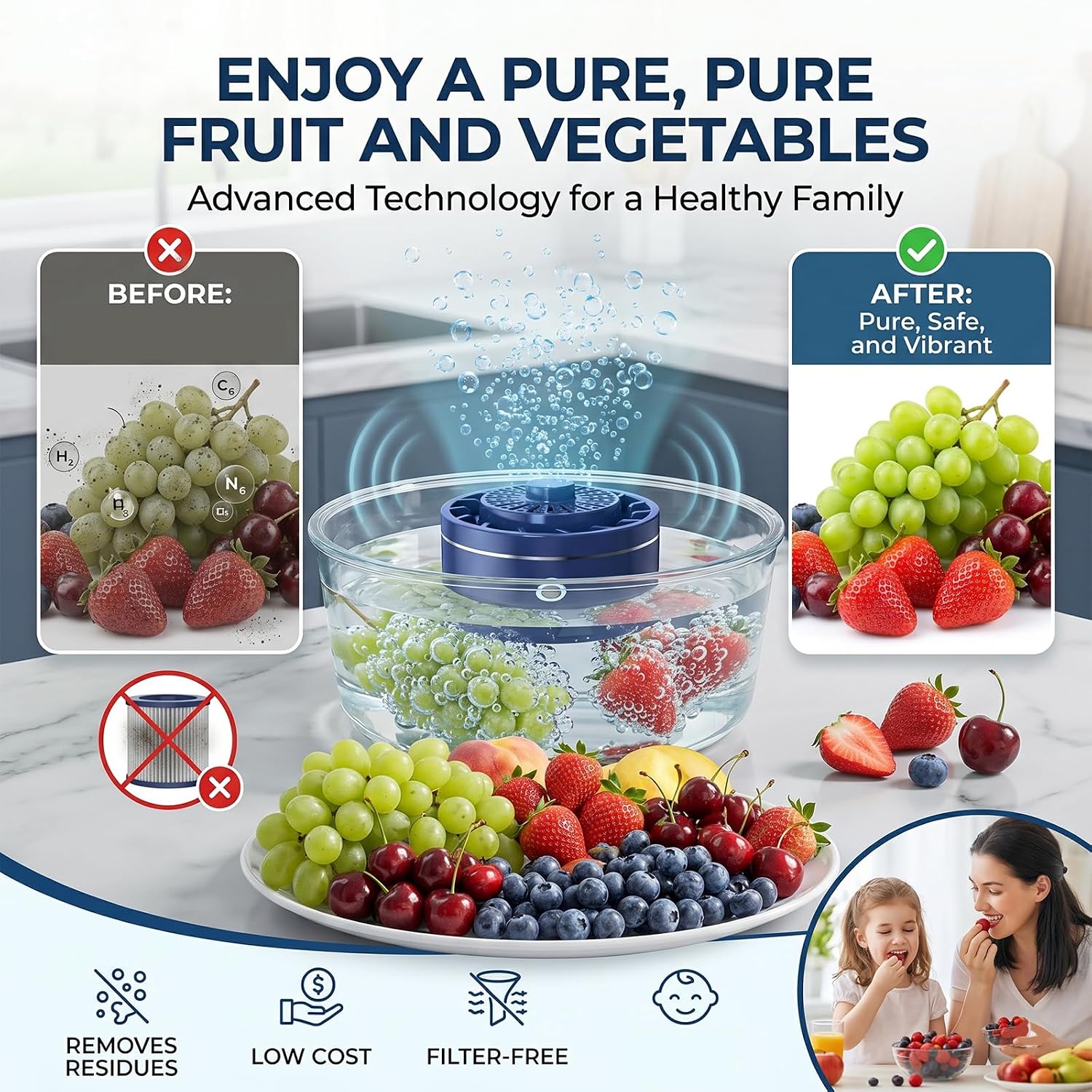 Produce Cleaner with Vortex and High-Frequency Vibration, Portable Fruit and Vegetable Washing Machine, OH-ion Food Purifier, IPX7 Waterproof Cordless Device (Blue+White)