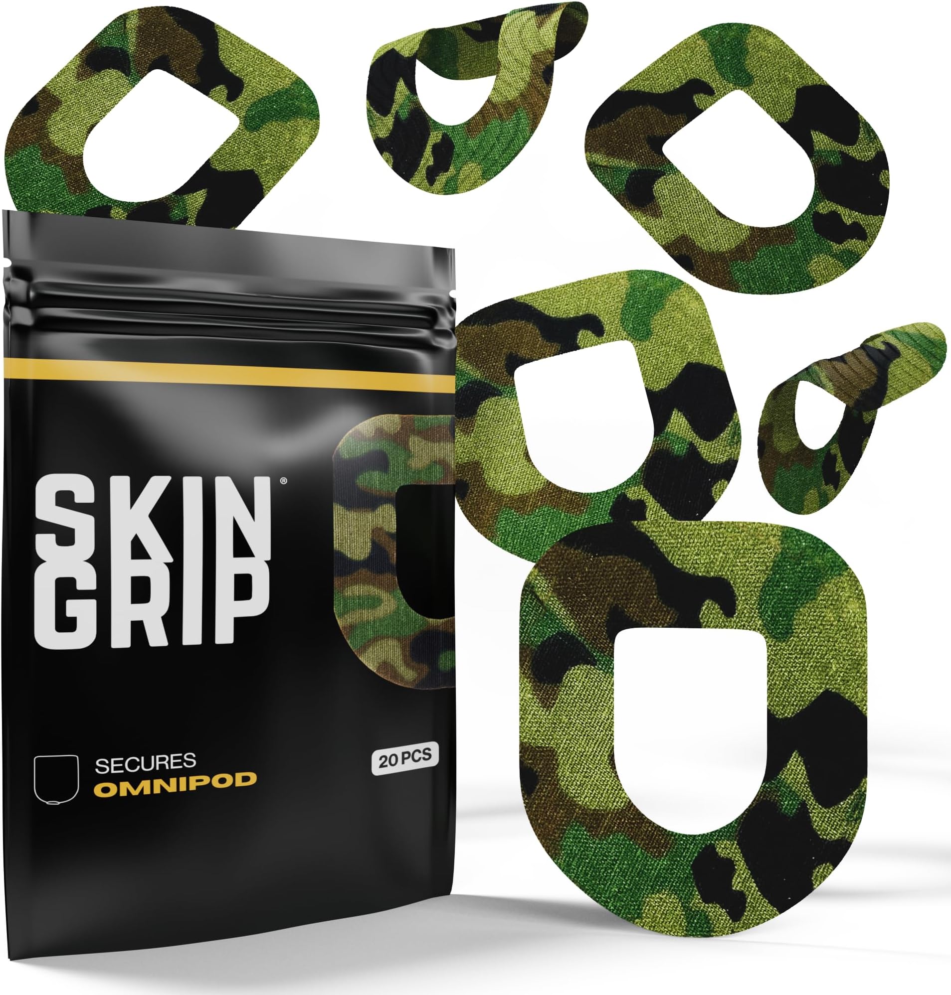 Skin Grip CGM Patches for Insulet Omnipod (20-Pack), Waterproof & Sweatproof for 10-14 Days, Pre-Cut Adhesive Tape, Continuous Glucose Monitor Protection(Camo)