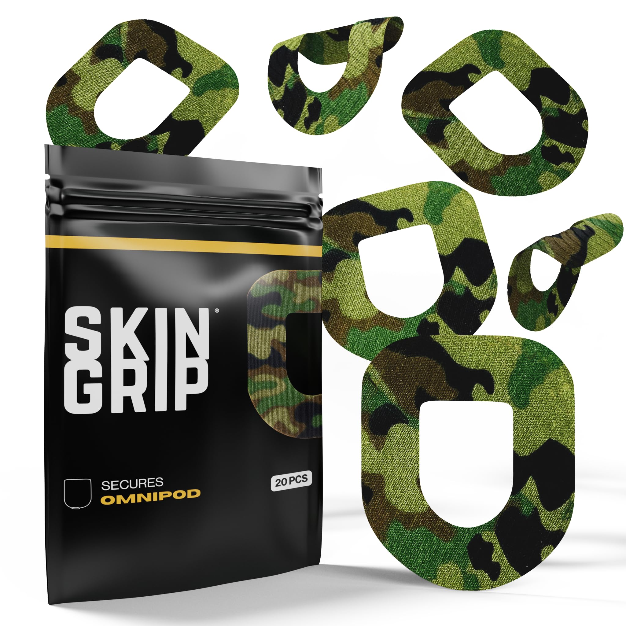 Skin Grip CGM Patches for Insulet Omnipod (20-Pack), Waterproof & Sweatproof for 10-14 Days, Pre-Cut Adhesive Tape, Continuous Glucose Monitor Protection(Camo)