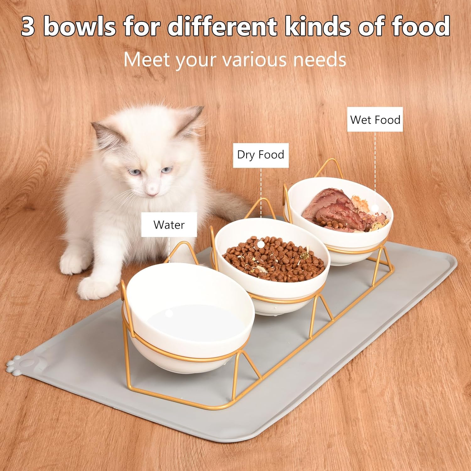 Cat Bowls Set of 3, Ceramic Raised Cat Food Bowl with Pet Food Mat Elevated 15°Tilted Kitten Drink Bowl Gold Stand for Food and Water Anti Vomiting Dish for Indoor Cats Puppy and Small Dogs