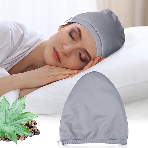 Vista 8 de Paquete de aceite de ricino para cabeza, gorro elástico y reutilizable, algodón orgánico para mujeres que duermen, doble capa impermeable kit