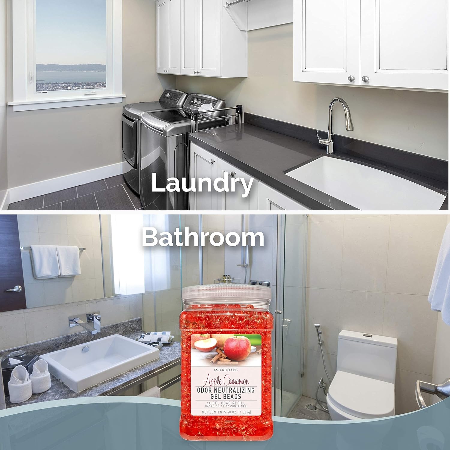 SMELLS BEGONE Odor Eliminator Gel Bead Value Pack Bundle - Air Freshener - Apple Cinnamon Scent - 2 Pack 12 Ounce + 48 Ounce Refill