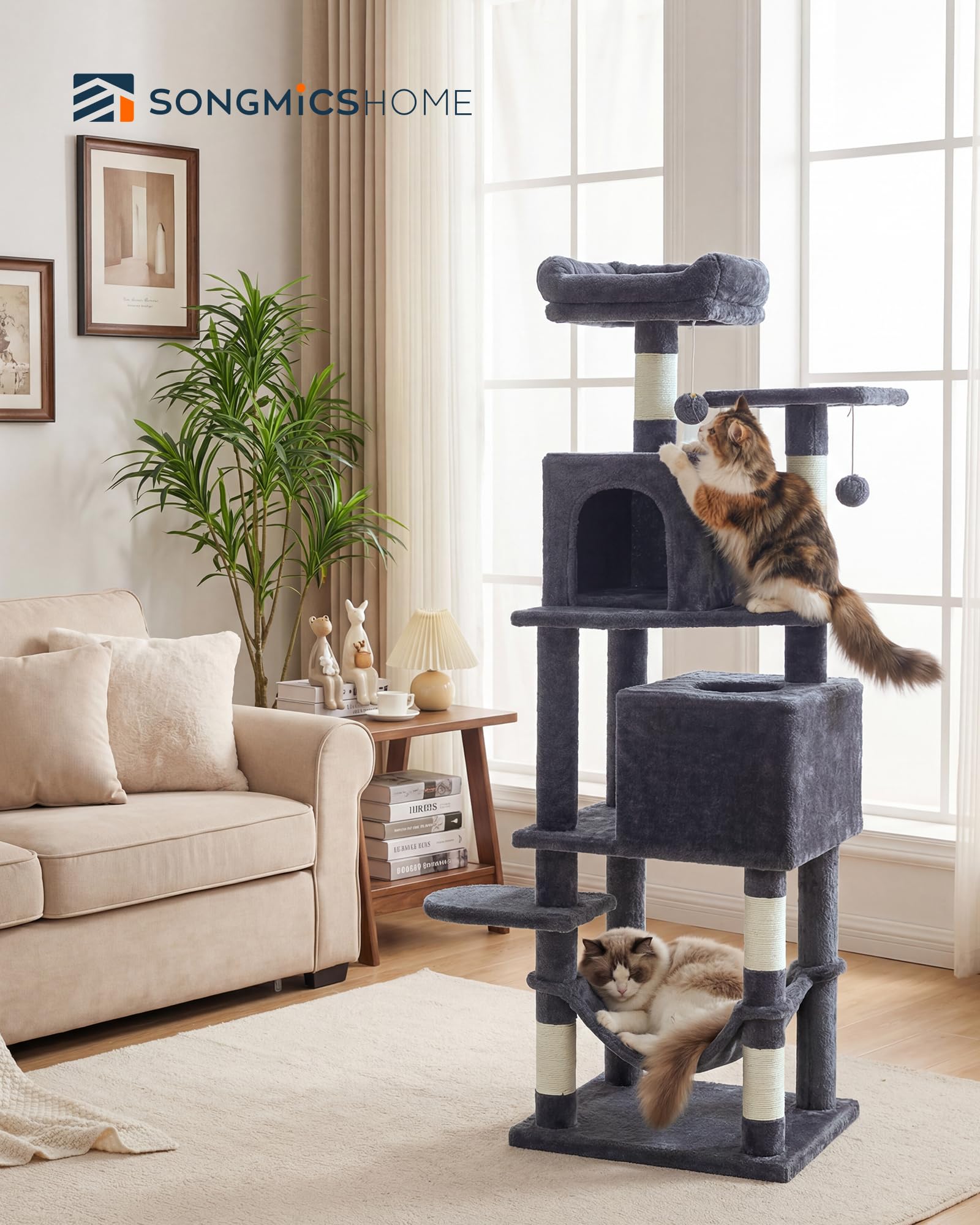 Condition photo showing New/Like New for songmics home cat tree for indoor cats, multi-level cat tower with sisal scratching posts, hammock and condo, dark gray