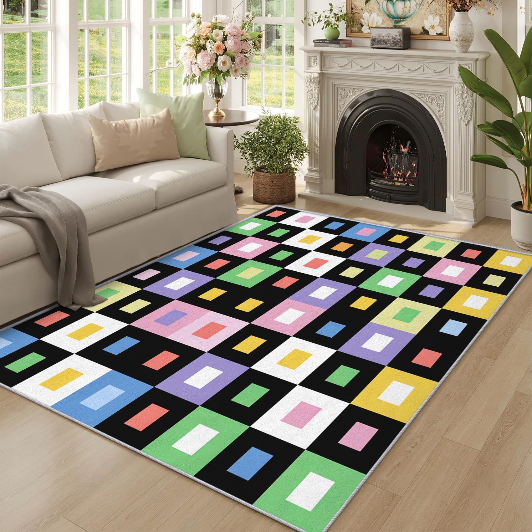 Tapis géométrique coloré lavable et antidérapant 200 x 290 cm pour grand salon