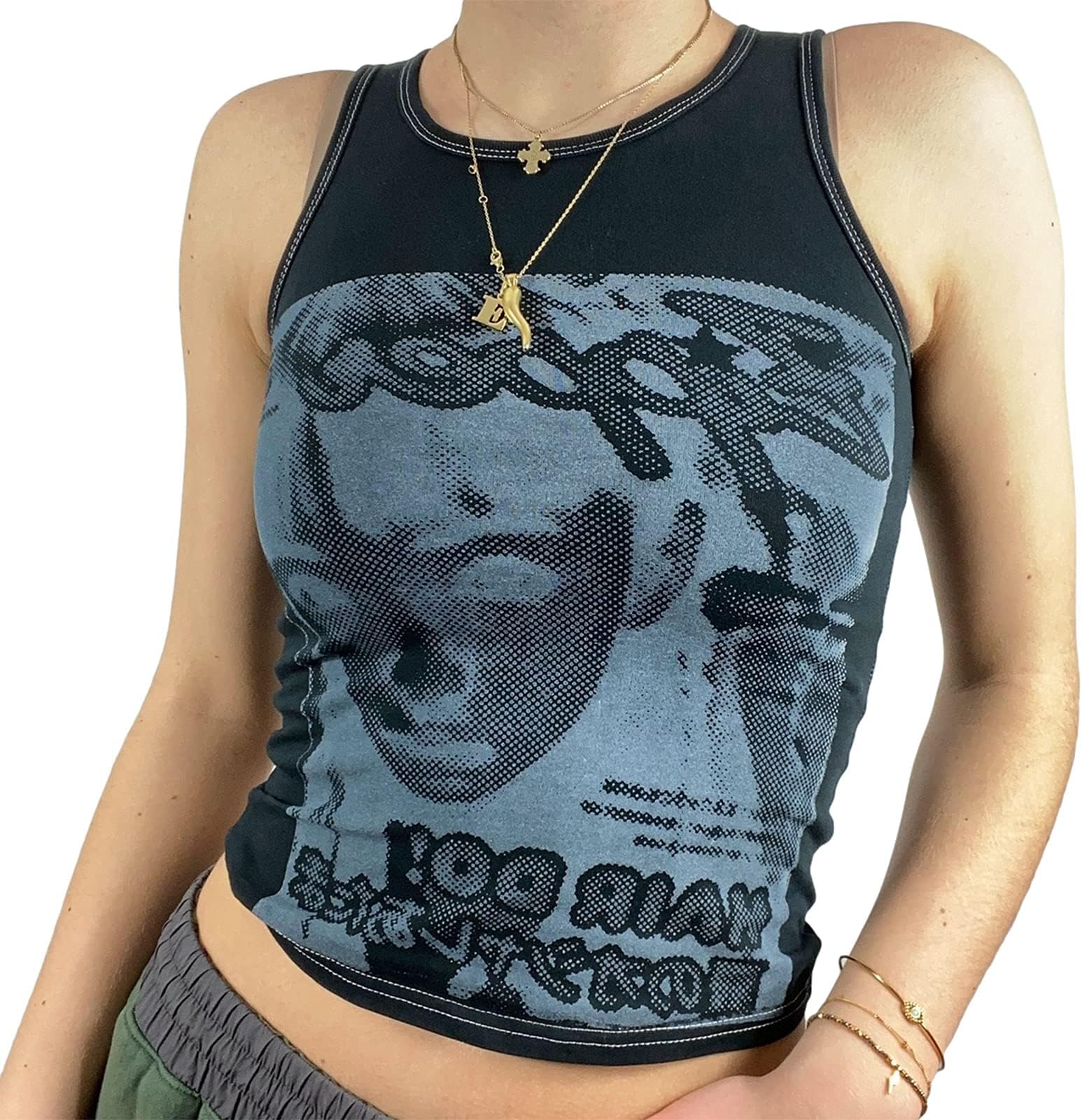Women Face Portrait Print Y2K Tank Top Aesthetic Graphic Print E-Girl Camis Sleeveless Slim Vest Crop Top Streetwear
