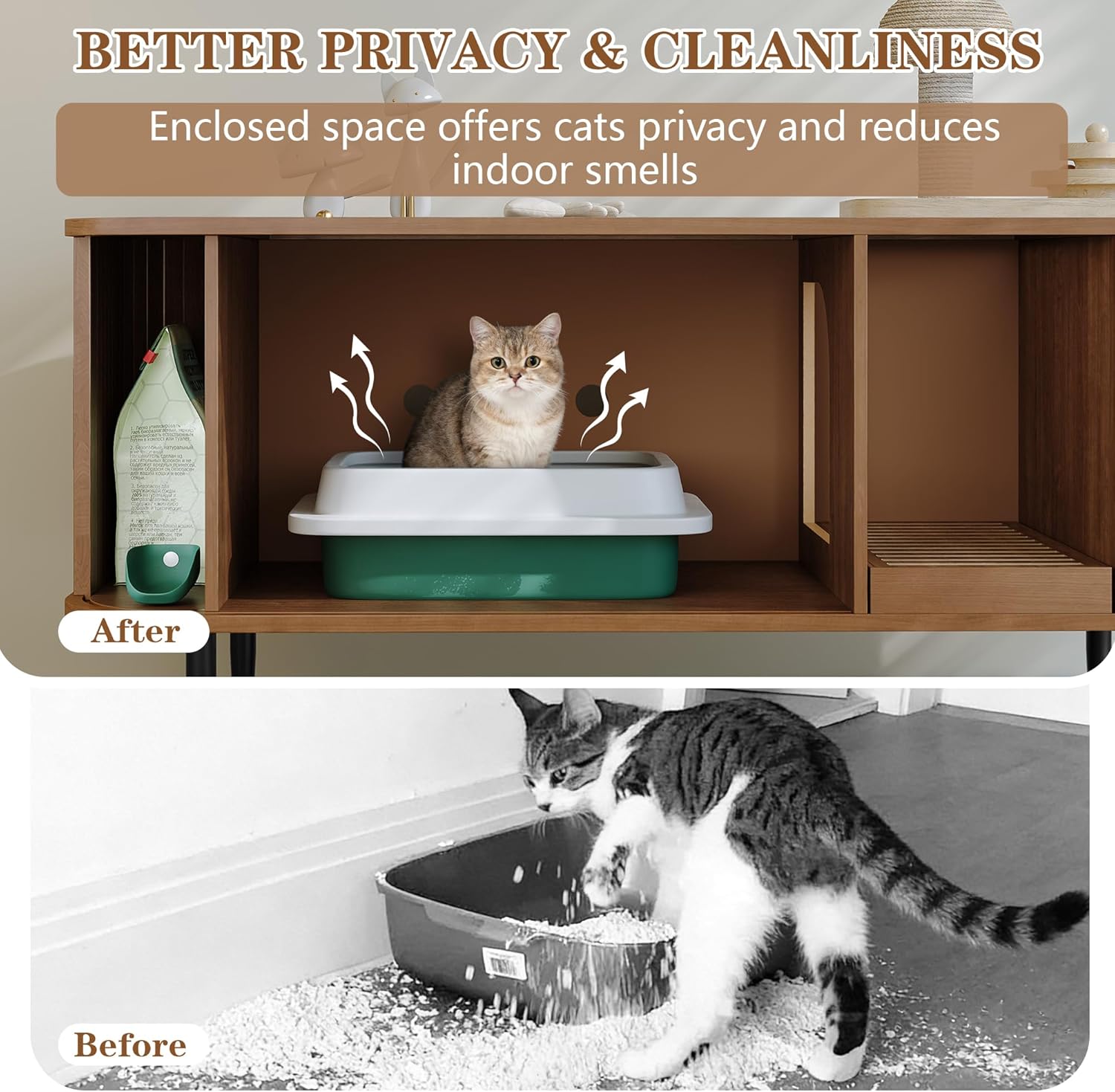 Cat Litter Box Enclosure, Tambour Door, 47” Litter Box Enclosure with Litter Collector, Hidden Litter Box Furniture for Indoor Cats Large Adult, Cat House, Side Table, TV Stand, Brown