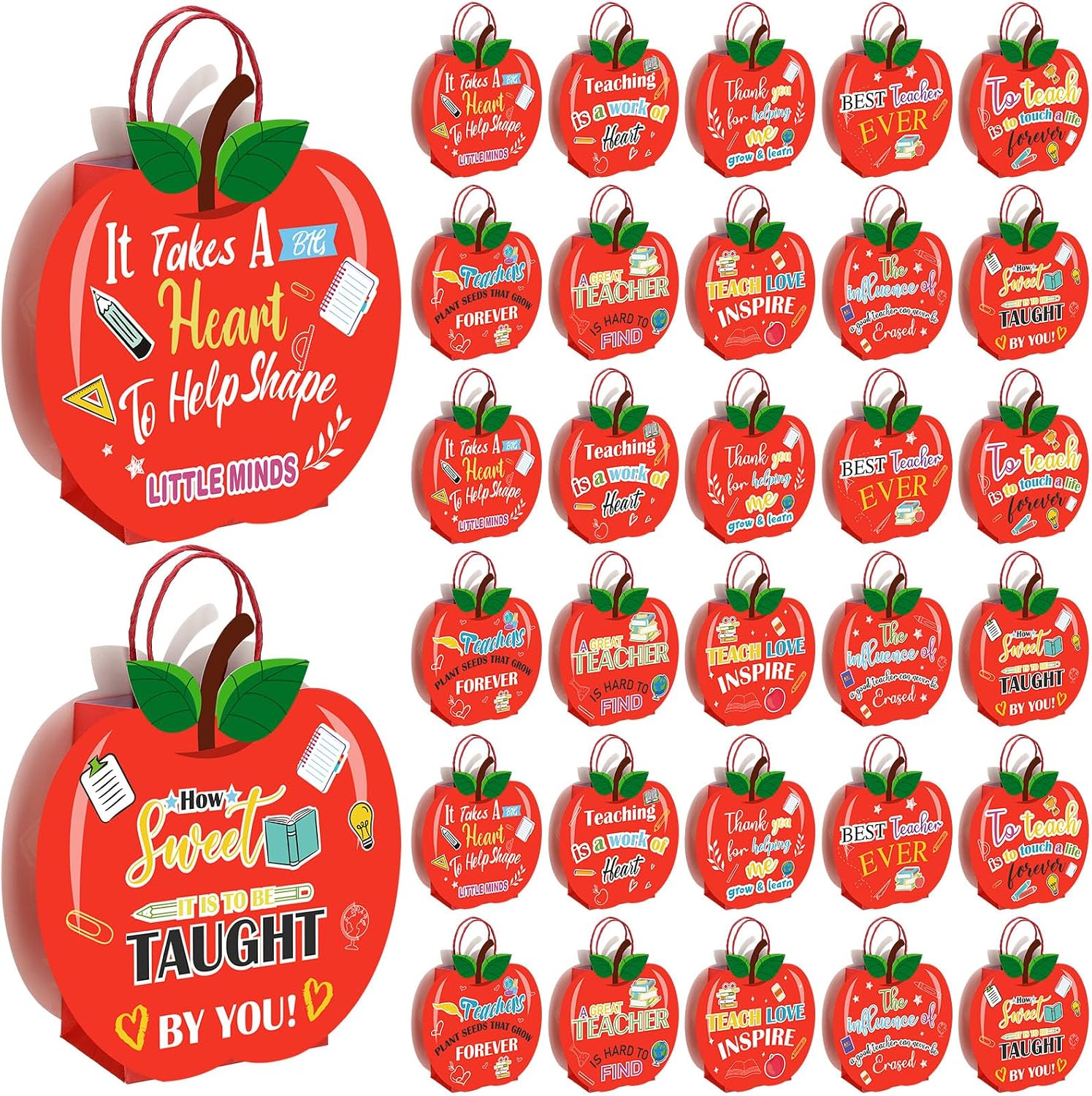 YooNotee 30 Pcs Back to School Teacher Appreciation Gift Bags Bulk Red Apple Gift Bags with Handle for Teacher Graduation School Exchange Supplies Employee Staff Team End of The Year Thank You Party