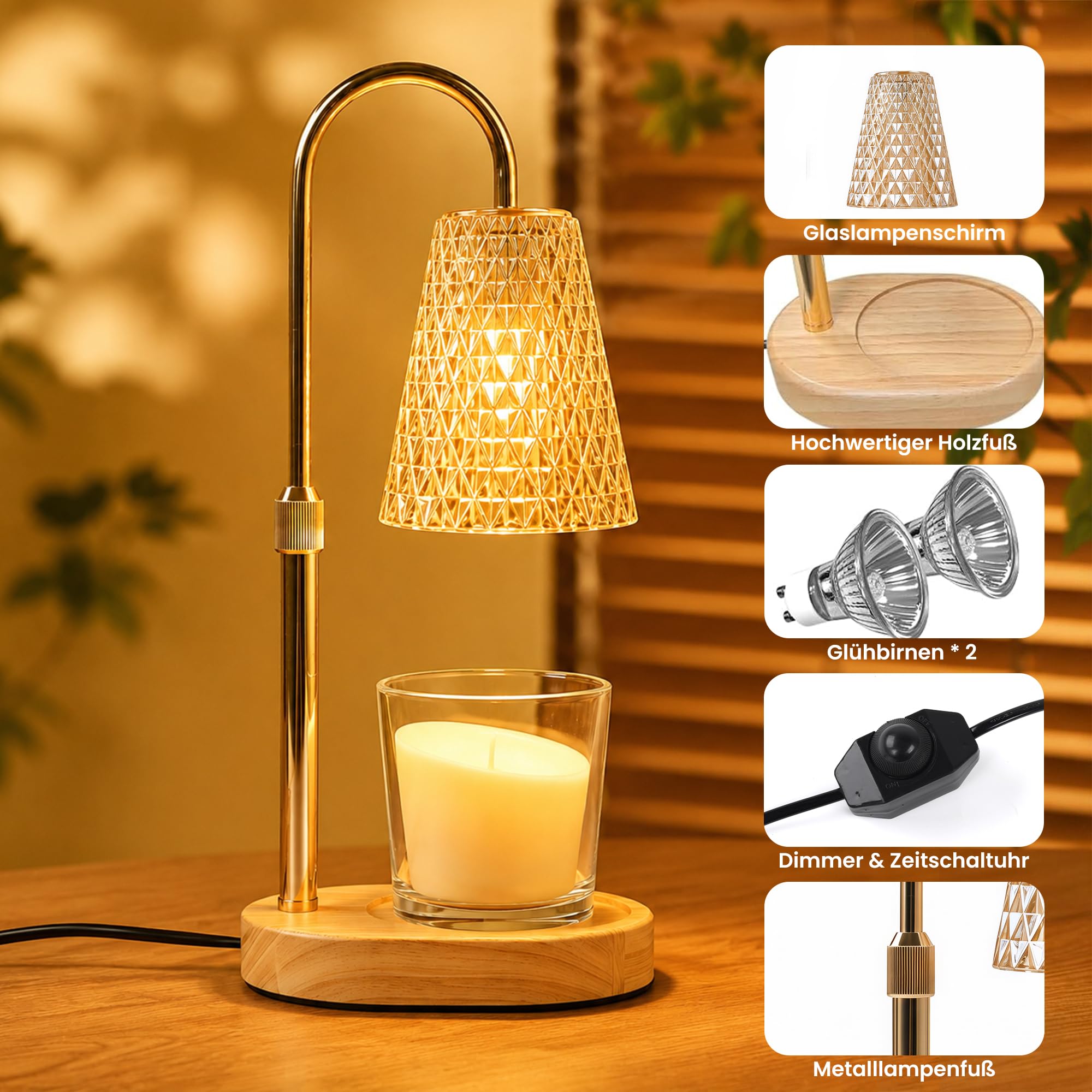 Kerzenwärmer Lampe, Candle Warmer lamp mit Timer und Dimmer, Höhenverstellbar Kerzenwärmer Kerzen Lampe mit 2 Glühbirnen für Duftkerzen im Glas, Dekoration Geschenk