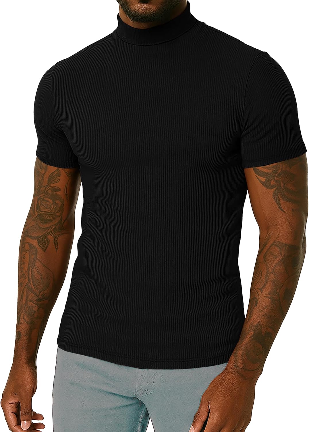 URBAN BUCK Turtleneck Men Long Sleeve Knitted Shirt - Ultra Soft Cotton Slim Fit Ribbed Turtle Neck Sweater for Men