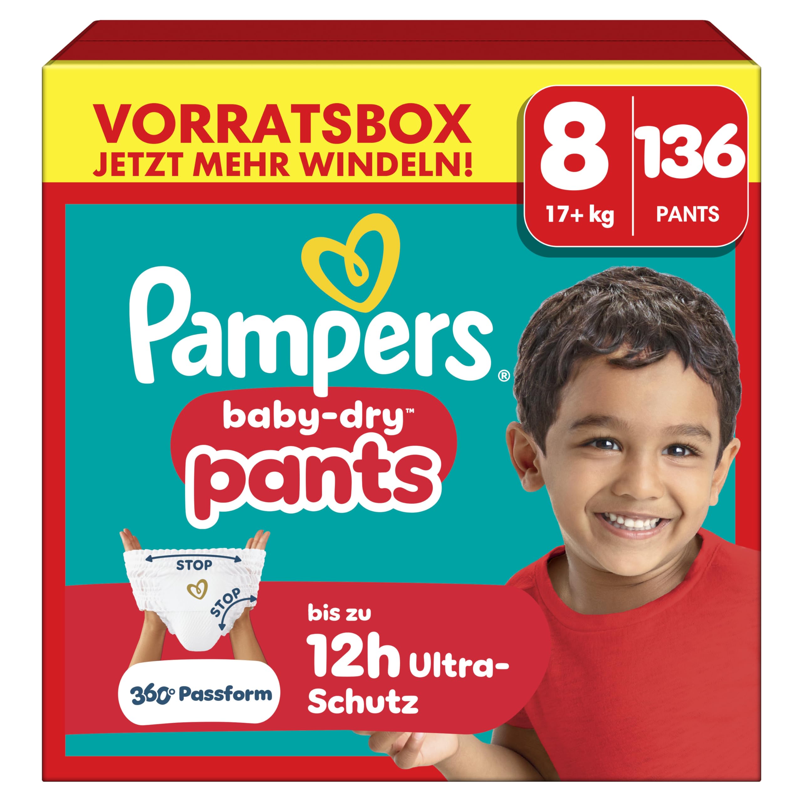 Pampers Baby-Dry Pants Größe 8, 136 Stück, 17kg+, 360° auslaufsichere Passform für Tag und Nacht