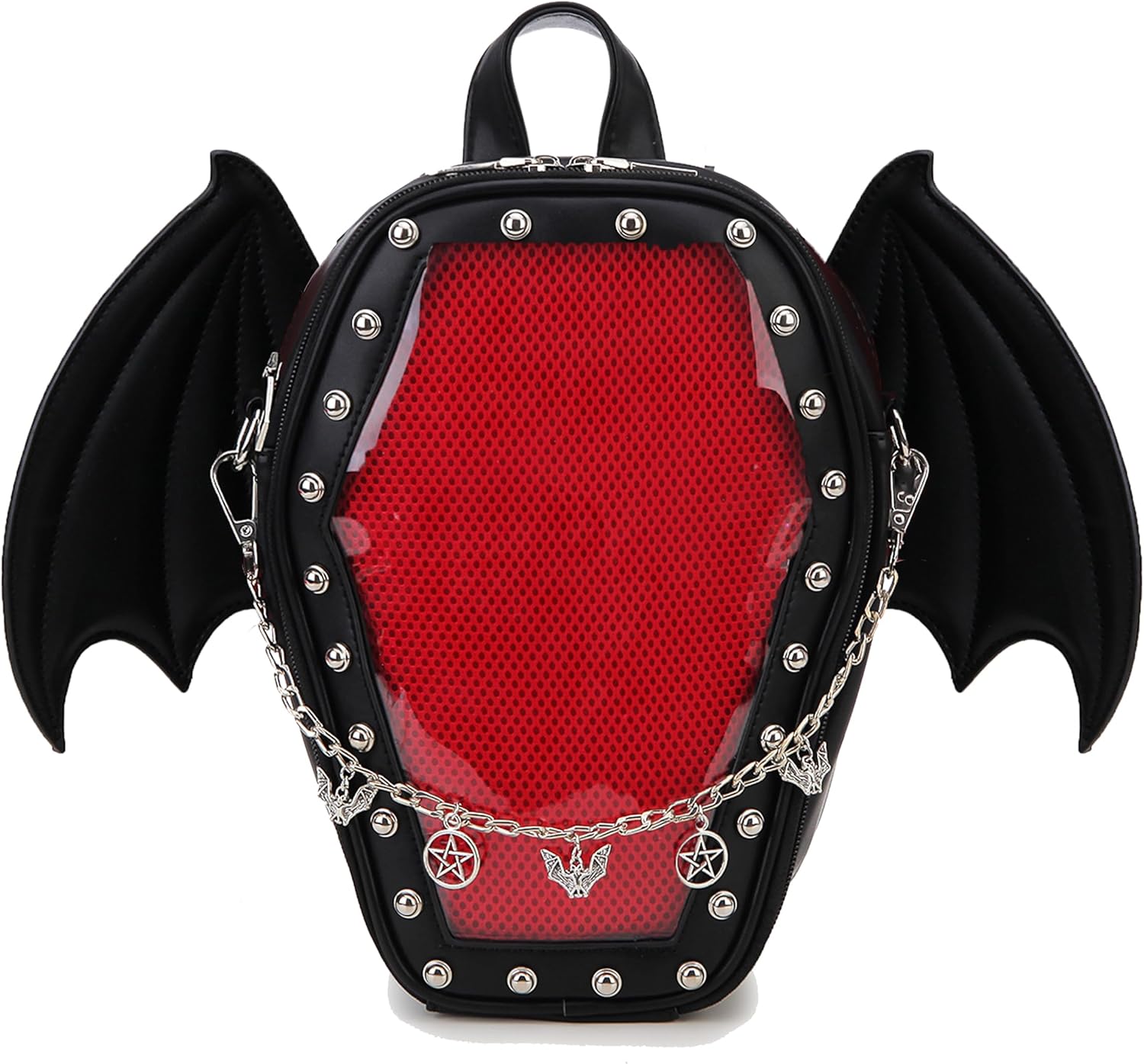 Goth Coffin Backpack with Detachable Bat Wing Halloween Coffin Ita Punk Shoulder Bag for Enamel Pins Display