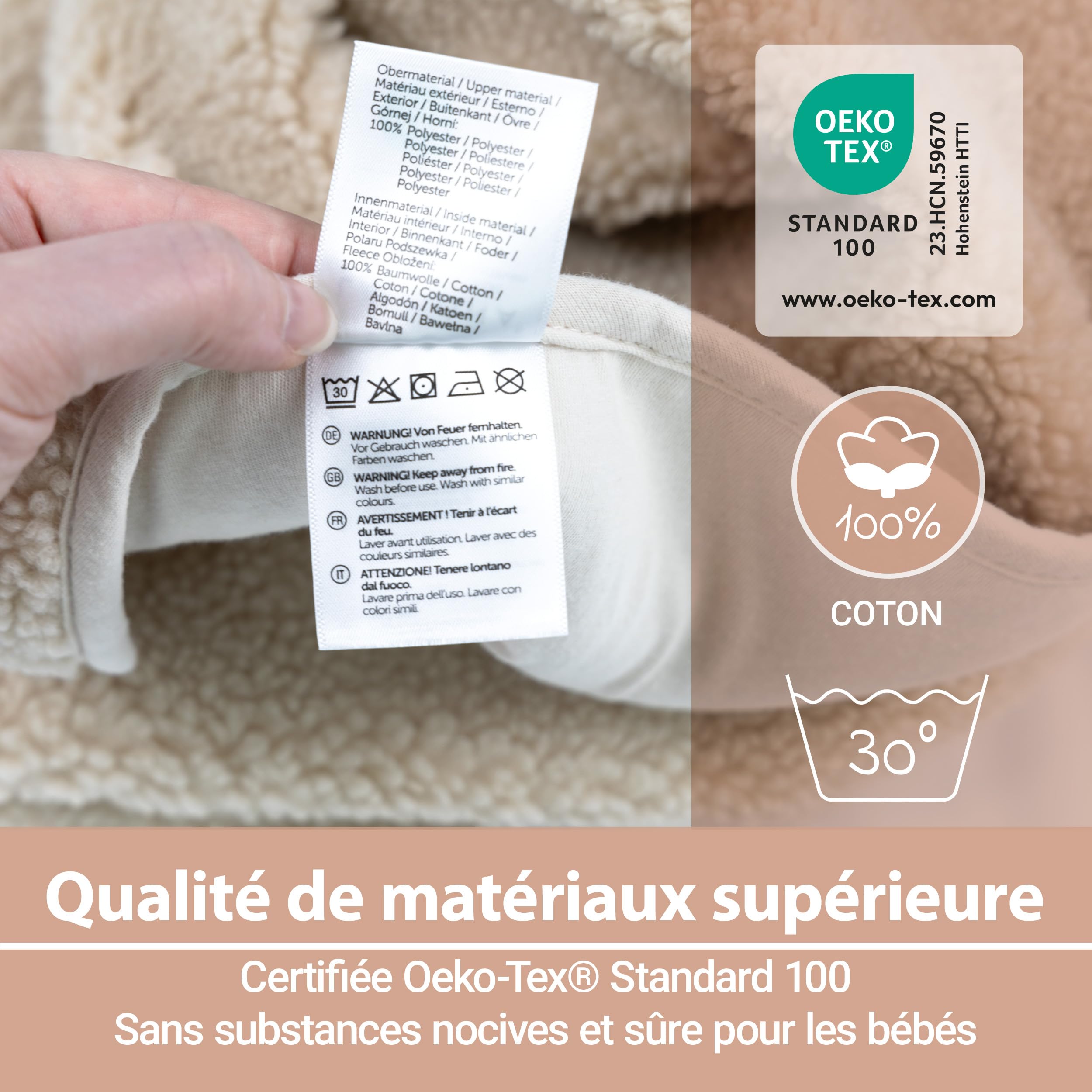 Zamboo Couverture Siege Auto Bebe en Polaire Peluche 80x80 cm – Plaid Bébé Enveloppant avec Fentes Harnais, Oeko-Tex – pour Siège-Auto, Cosy, Nacelle et Poussette – Teddy Beige