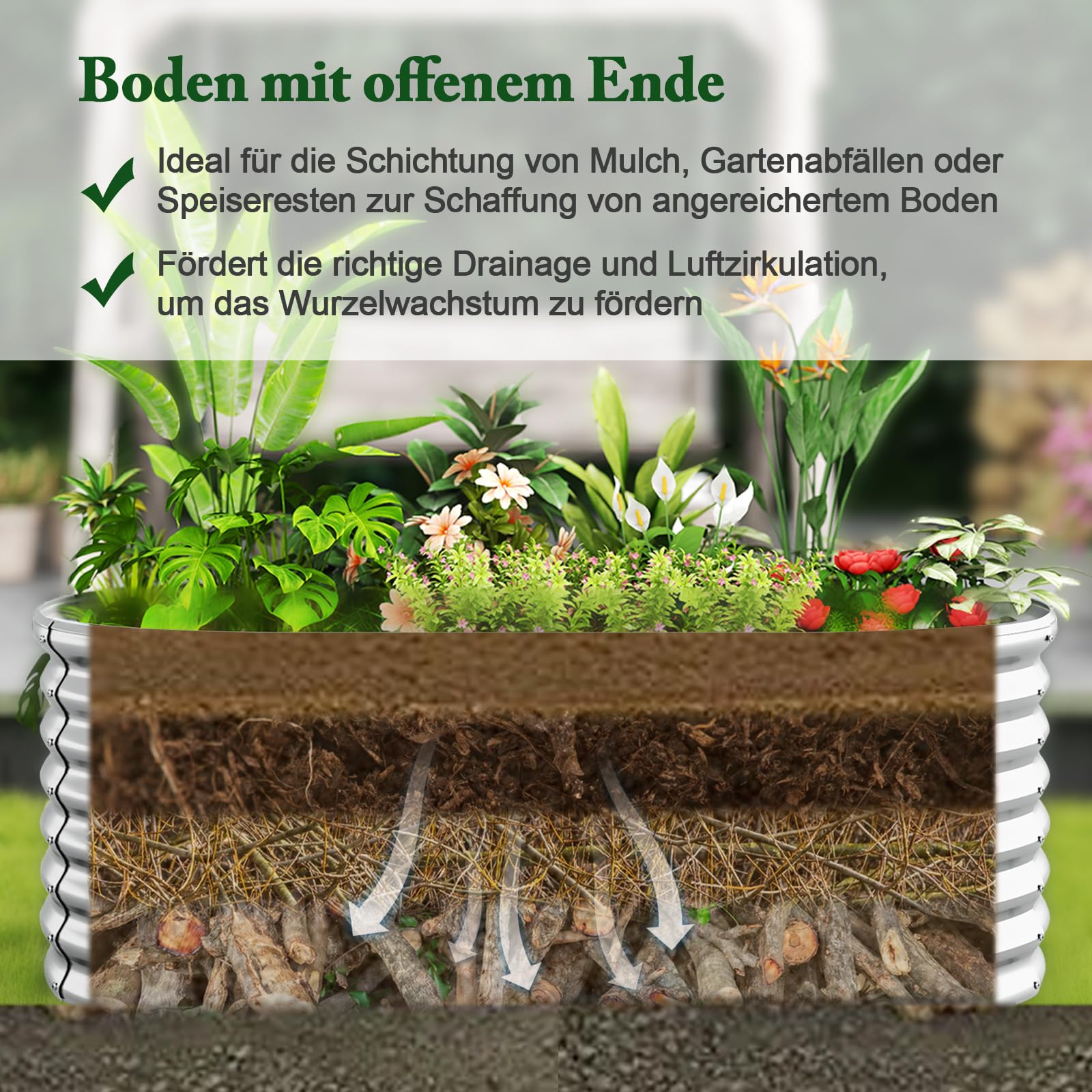 COSTWAY Hochbeet Metall Oval, Pflanzkasten für Garten, 165 x 80 x 60 cm, Frühbeet mit offenem Boden, Wellblech, Blumenbeet wetterfest, Pflanzentrog für Gemüse Blumen Kräuter (Silber)