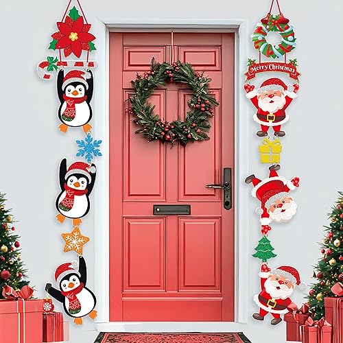 KatchOn, Letreros colgantes para porche, decoraciones navideñas al aire libre  4.2 pies  Cartel de puerta de Navidad de Papá Noel y pingüino para