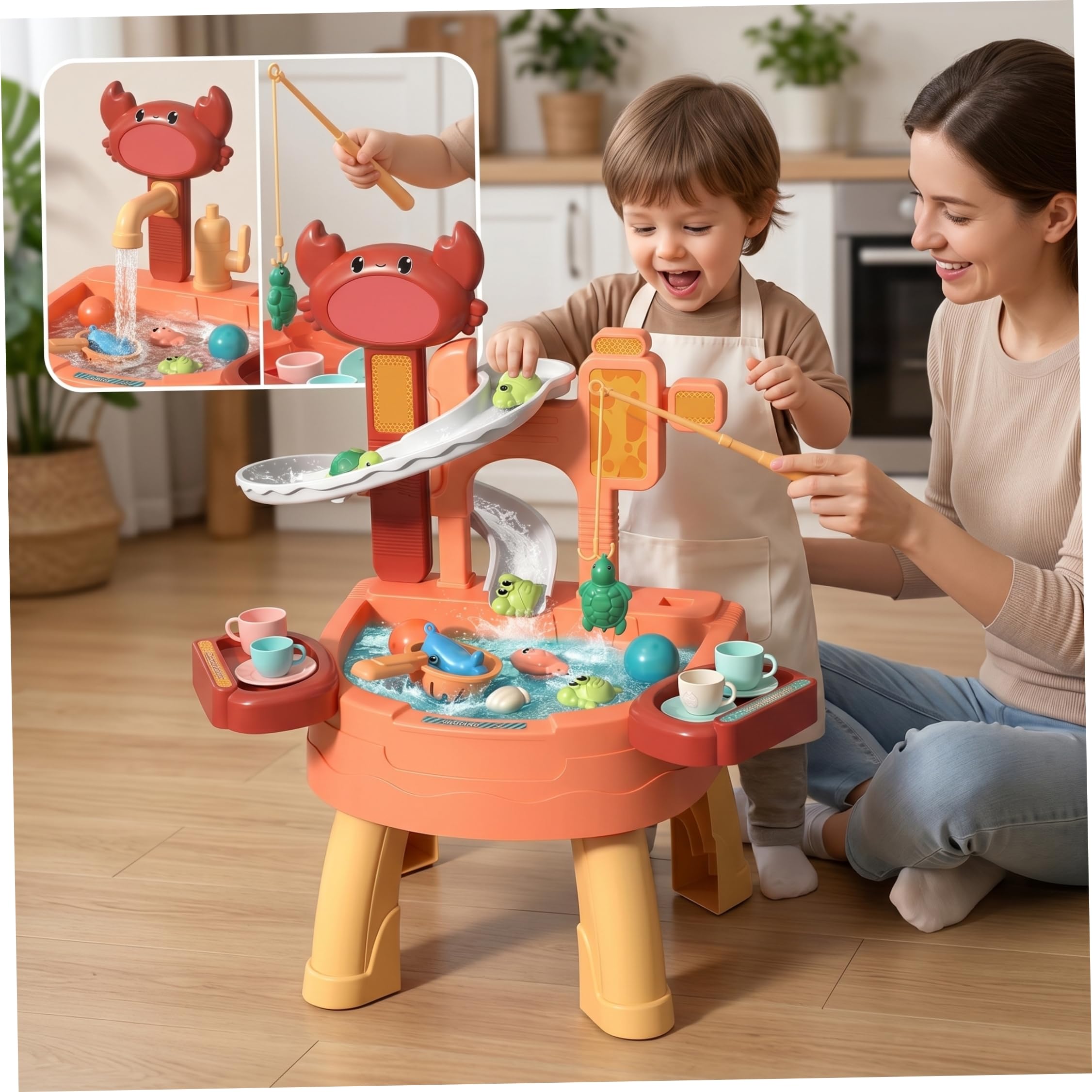 Wassertisch für Kleinkinder, 35 x 45 x 49 cm, sensorisches Wasser- und Sandaktivitäts-Spielset für Kinder mit Lauf-, Umlauf- und Angelspielzeug-Set, Sommer-Outdoor-Spielzeug für Kinder, Kleinkinder v