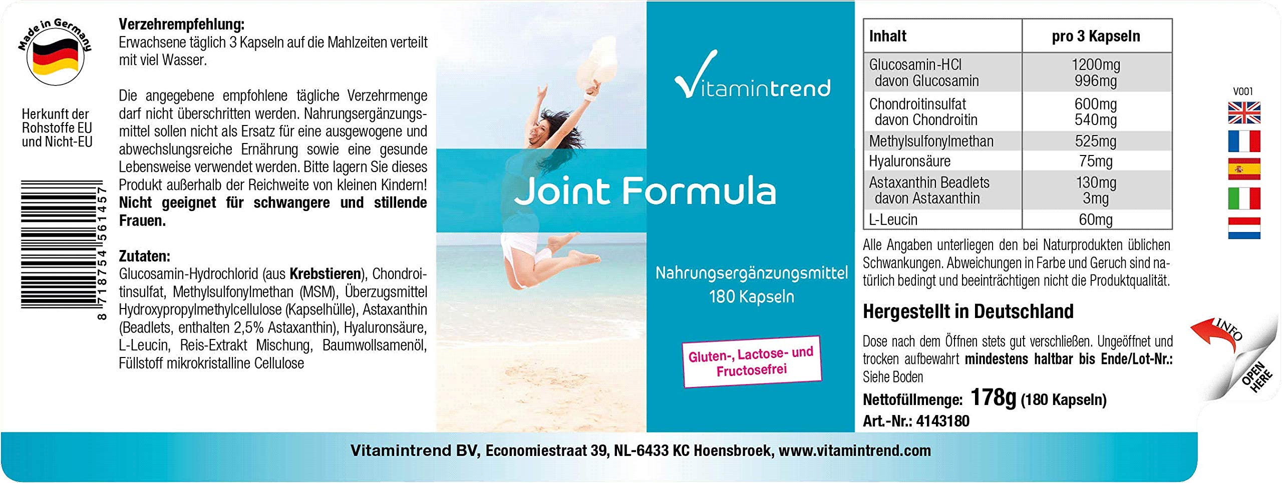 Vitamintrend Joint Formula Gélules pour les articulations, 180 gélules, avec glucosamine, chondroïtine, MSM, acide hyaluronique et astaxanthine, complément alimentaire, fabriqué en Allemagne