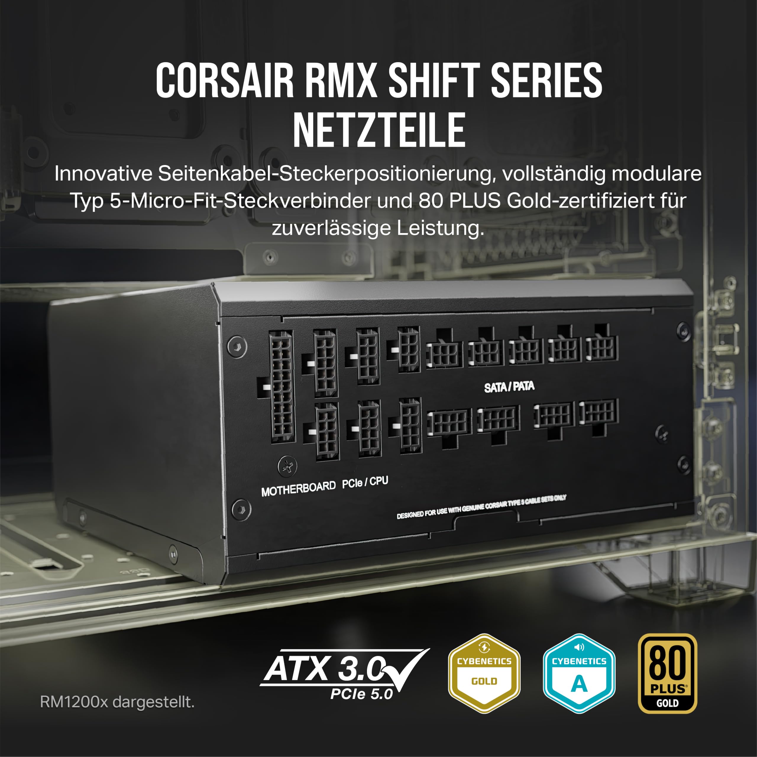 Corsair RM1000x Shift, Vollmodulares ATX-Netzteil, Modulare Seitenschnittstelle, ATX 3.1 & PCIe 5.1-kompatibel, Null-Drehzahl-Lüftermodus, 105°C-Kondensatoren, 80 Plus Gold-Effizienz, Schwarz