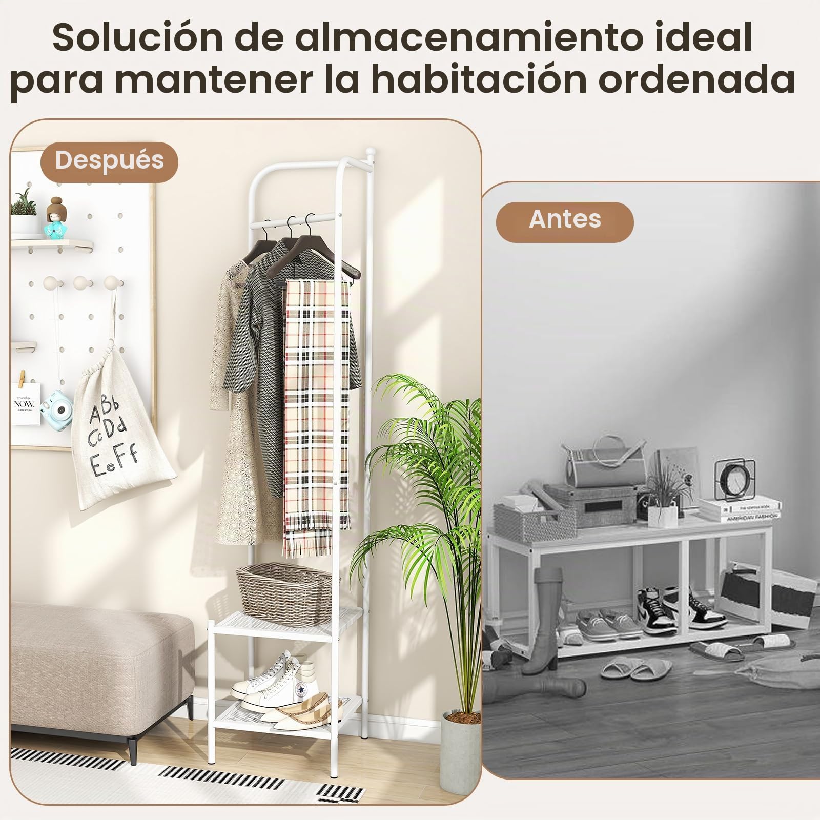 HOMASIS Perchero de Pie de Metal Resistente,3 en 1 Perchero de Esquina con Colgador Ropa y Zapatero y Estantes, para Pasillo, Salón, Dormitorio (Blanco)