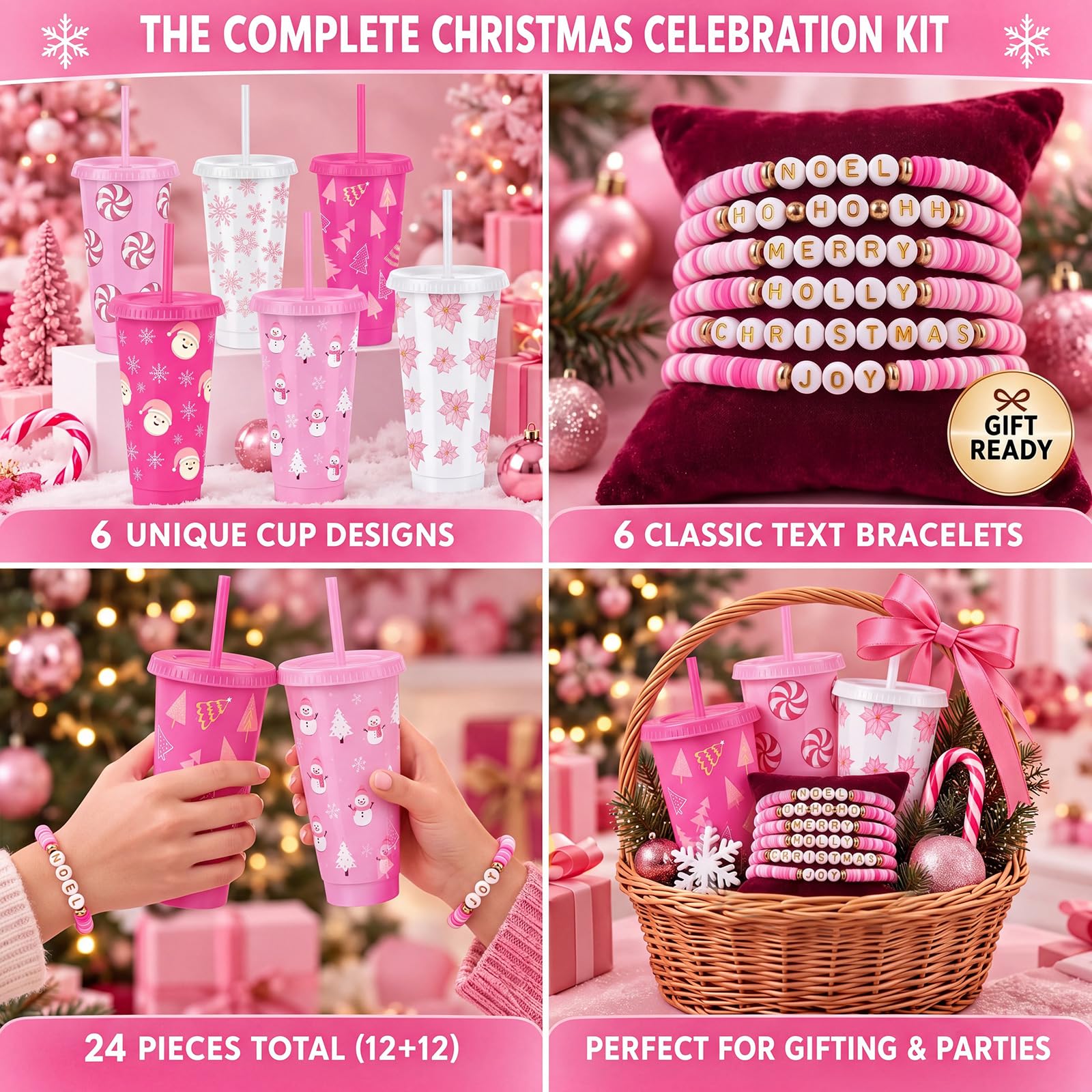 FillTouch Regalos de Navidad rosa a granel, vasos de Navidad con tapas