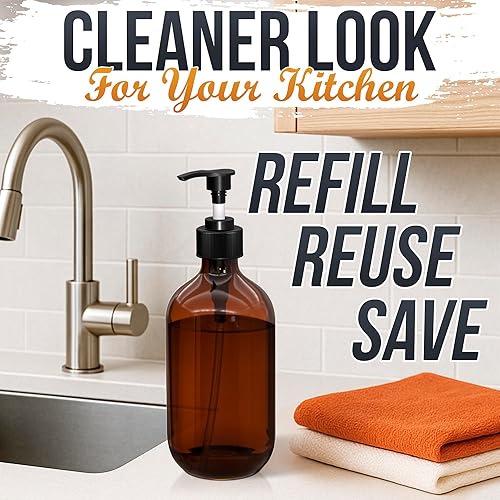 Miniatura 6 de Paquete de 3 botellas dispensadoras vacías de cristal ámbar rellenables para aceites esenciales, productos de limpieza, lociones, aromaterapia