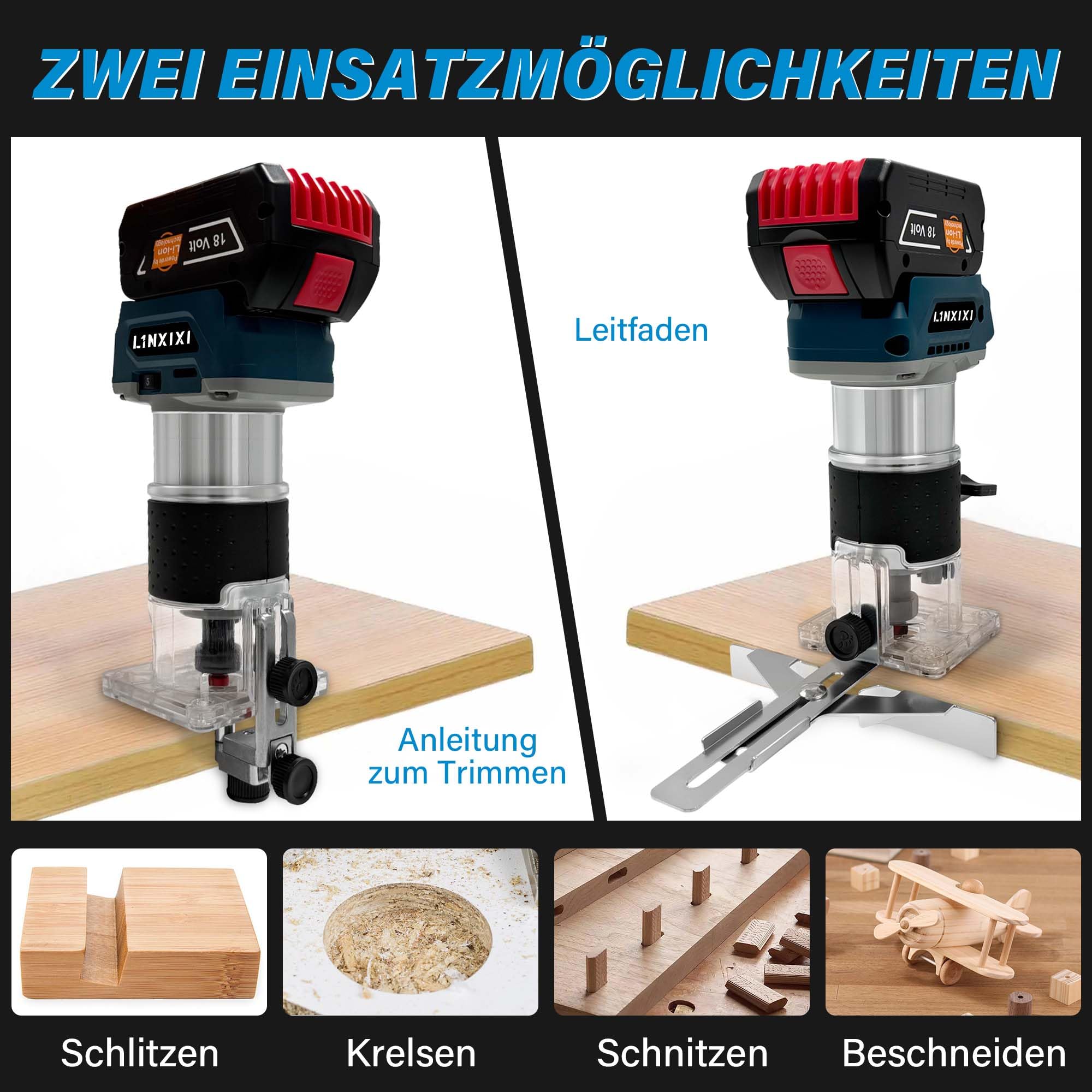 Akku Oberfräse für Bosch GBA 18V/ProCORE18V Akkus, 800W Bürstenloser Oberfräse mit 5 Geschwindigkeiten, 10,000-30,000 U/min, 18V Einhandfräse Akku Kantenfräser mit 15 Stück 1/4" Fräser (ohne Akku)