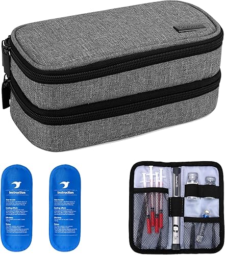 Yarwo Estuche de viaje enfriador de insulina, funda de viaje para diabéticos de doble capa con 2 paquetes de hielo, organizador de suministros para
