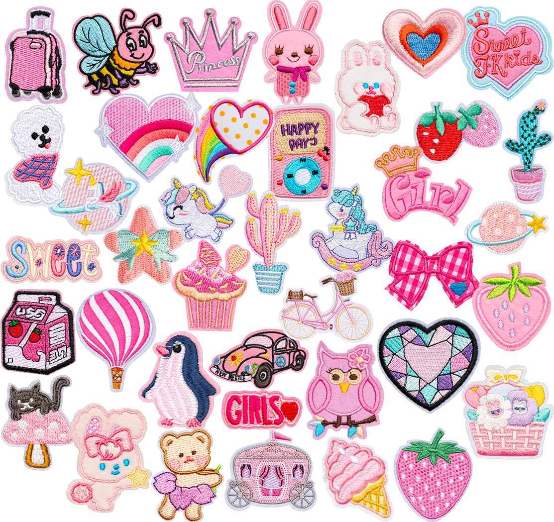 40 Pink Embroidered Iron on Patches Sew on Random Assorted Applique for Girls Patches Stickers for Coat Uniforms Pants Backpacks Clothes Jeans Hat DIY Decoration Bags Dress Jackets Vests
