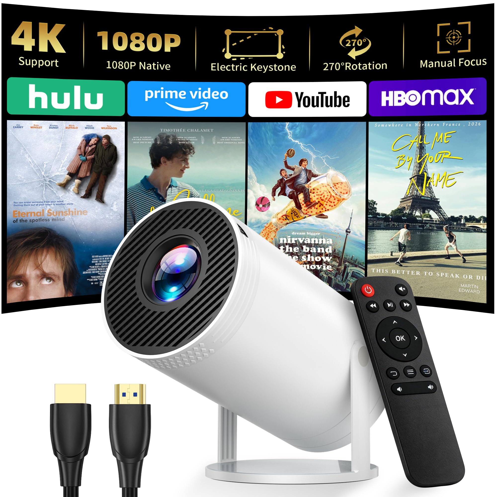 Mini proiettore, proiettore portatile nativo 1080P con custodia per il trasporto, supporto 4K, proiettore per film all'aperto girevole a 270°, proiettore home theater compatibile con telefono/TV Stick