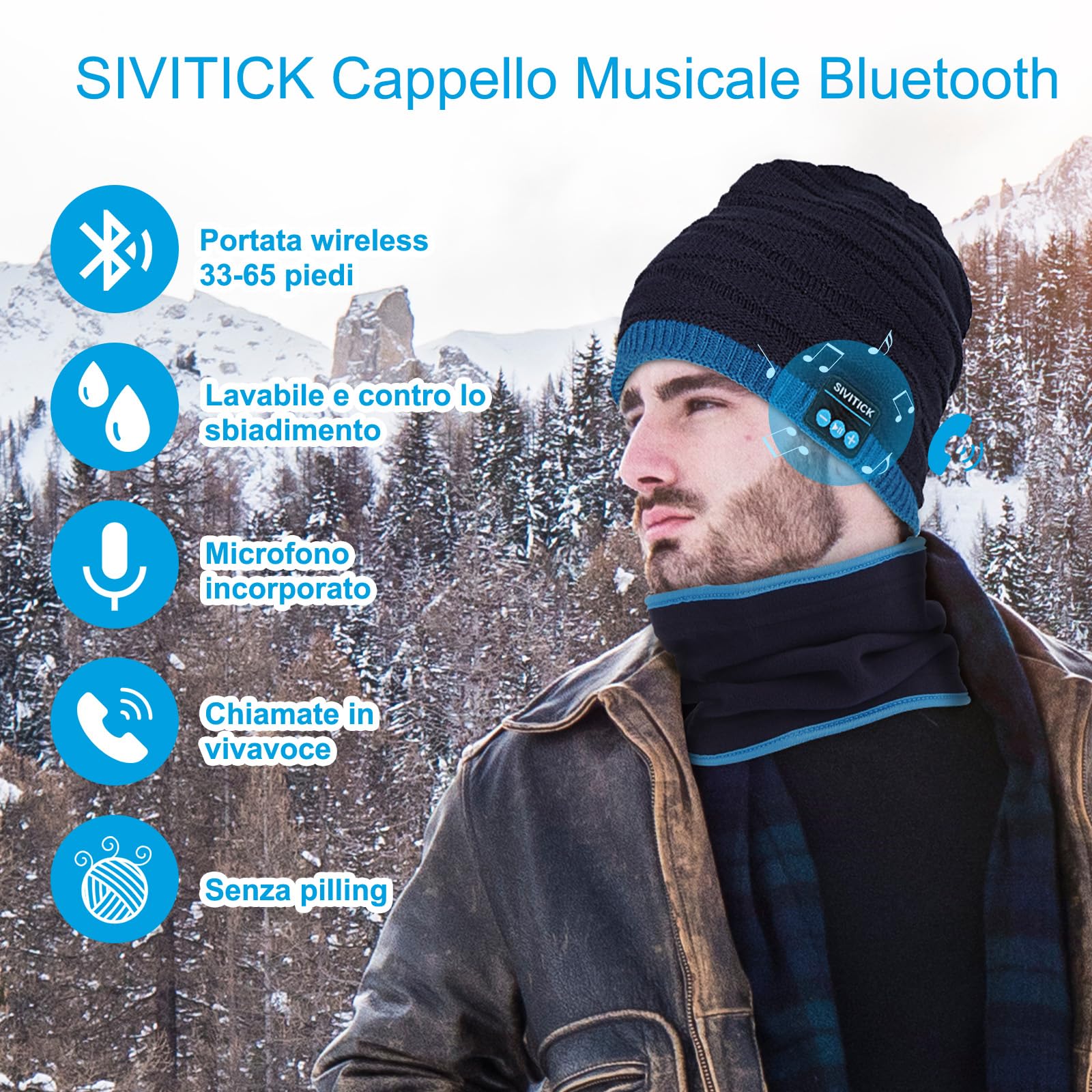 SIVITICK Cappello Bluetooth Regali Uomo Originali Berretto Invernali Idee Regalo Natale Berretto con Cuffie Stereo e Microfono per Sport Sci