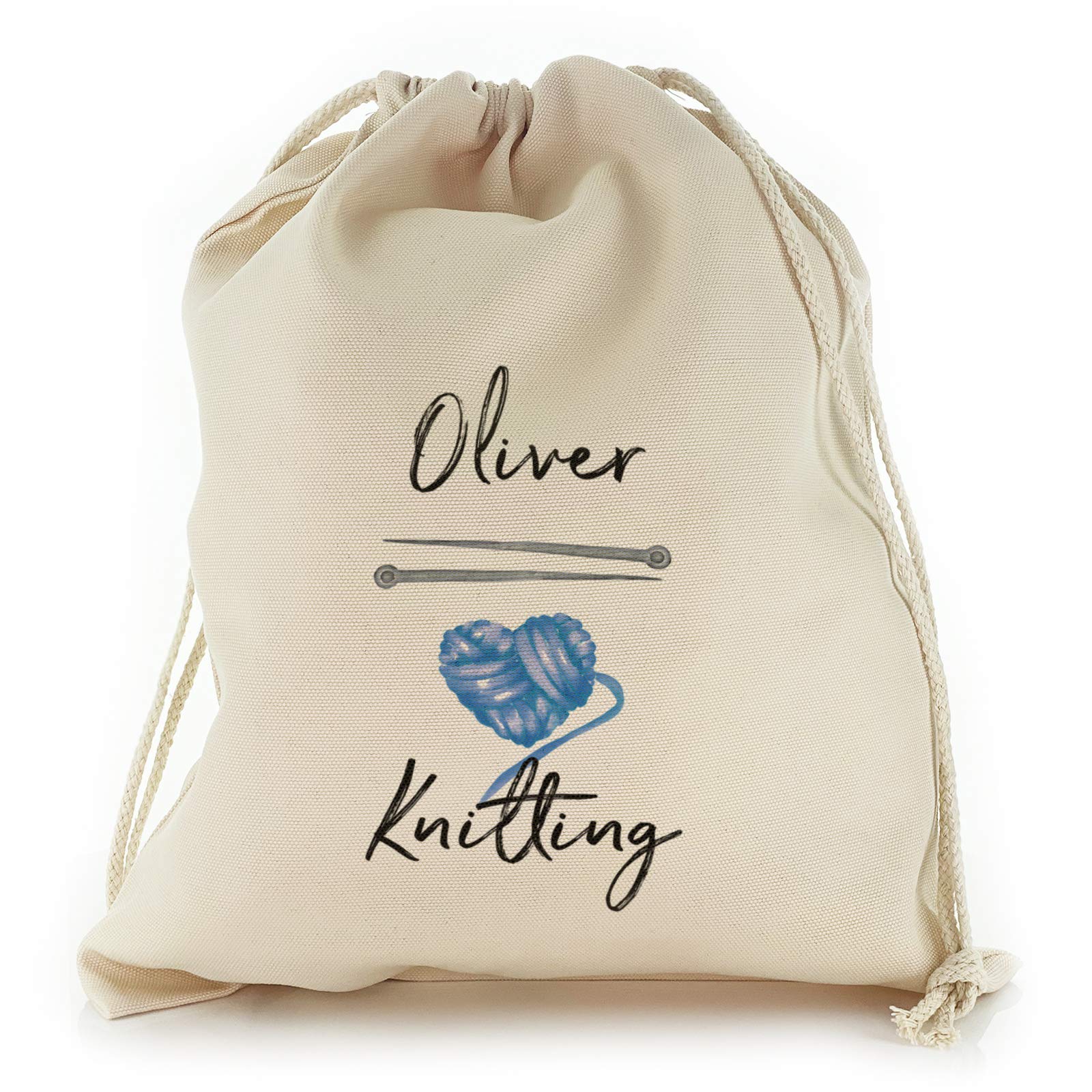 Personalised Knitting Bag/Gift Bag/Storage Bag with Blue Wool Heart Knitting Needles Design Print, Reusable, Drawstring Sack Customised with Name/Initials/Text, Sizes: XXS, XS, S, M, L, XL