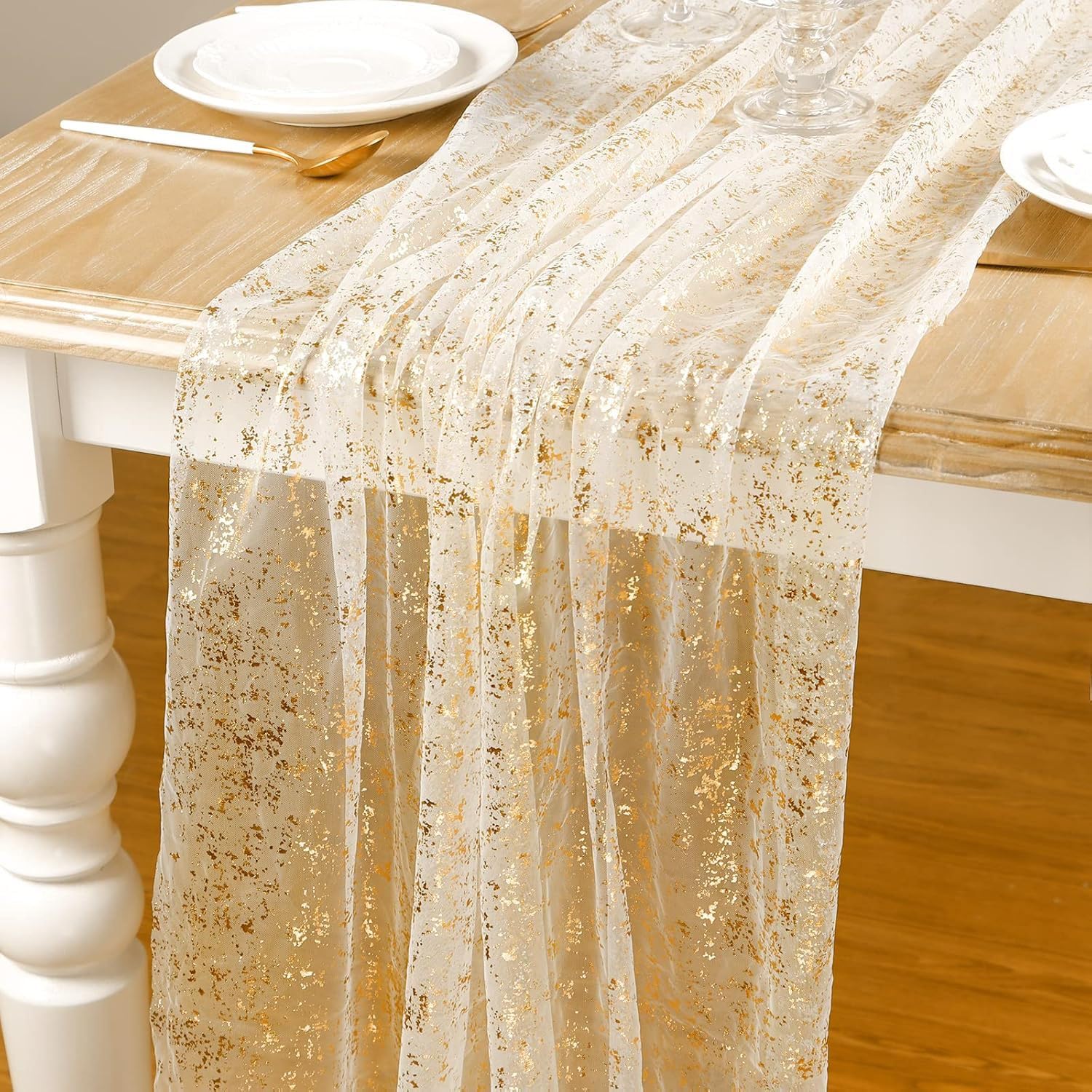 Mode Gold Gauze Table Runner, Champagne, 10FT, Glitter Metallic Foil Sheer, for Wedding, Anniversary, Birthday, Holiday Party Decor