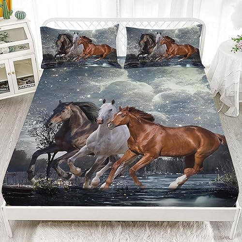 AILONEN Juego de ropa de cama tamaño individual, diseño de caballos al galope con temática de vida silvestre para niños y adultos, decoración de