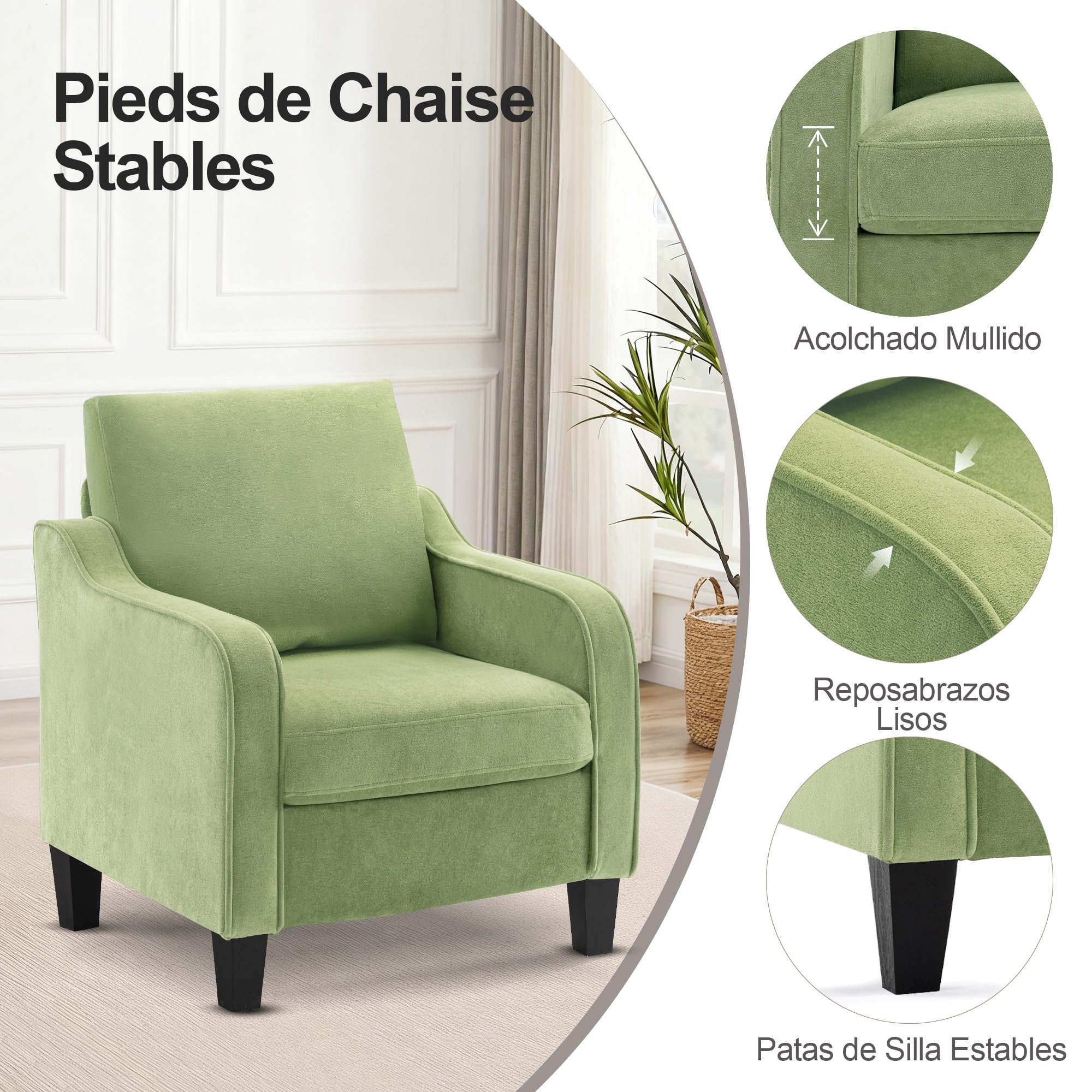 Sillón de Acento Estilo Mid Century Moderno, Cojín Grueso de Tela de Lino, Silla Sofá Individual Cómoda para Salón, Dormitorio, Apartamento, Oficina (Espacios Pequeños)，Verde
